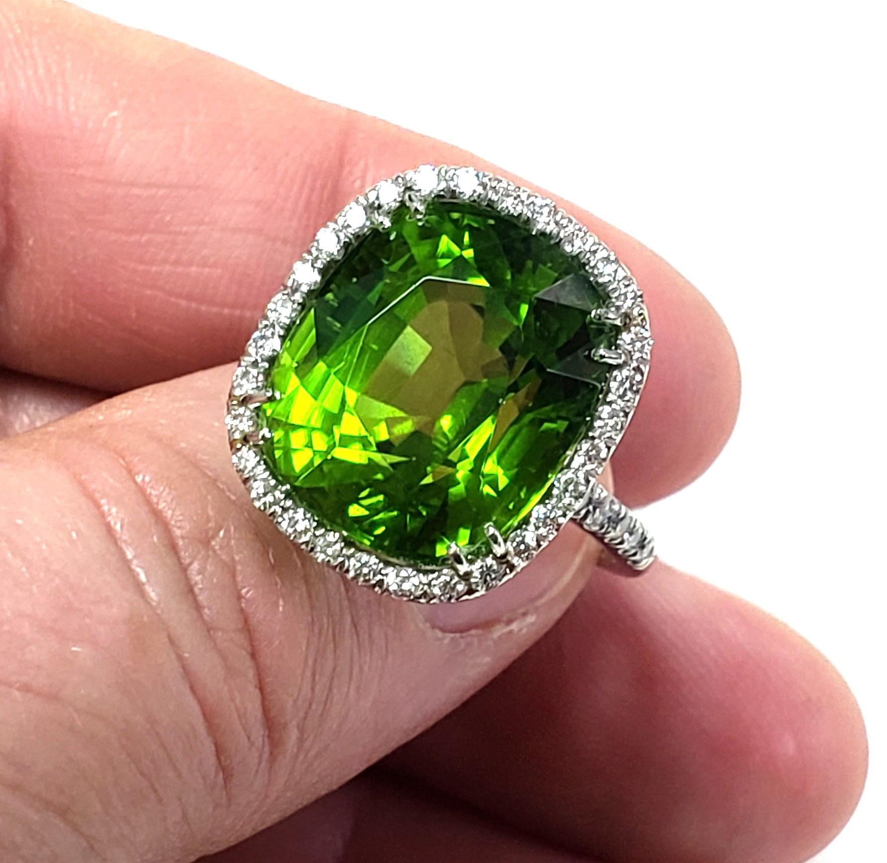Ring set with One Cushion Mixed Cut Natural Peridot weighing 17.33CT (Peridot exhibits Yellowish green color - saturated beautiful color, transparent. No evidence of clarity enhancements. Please check AGL Gemstone report picture for the details).