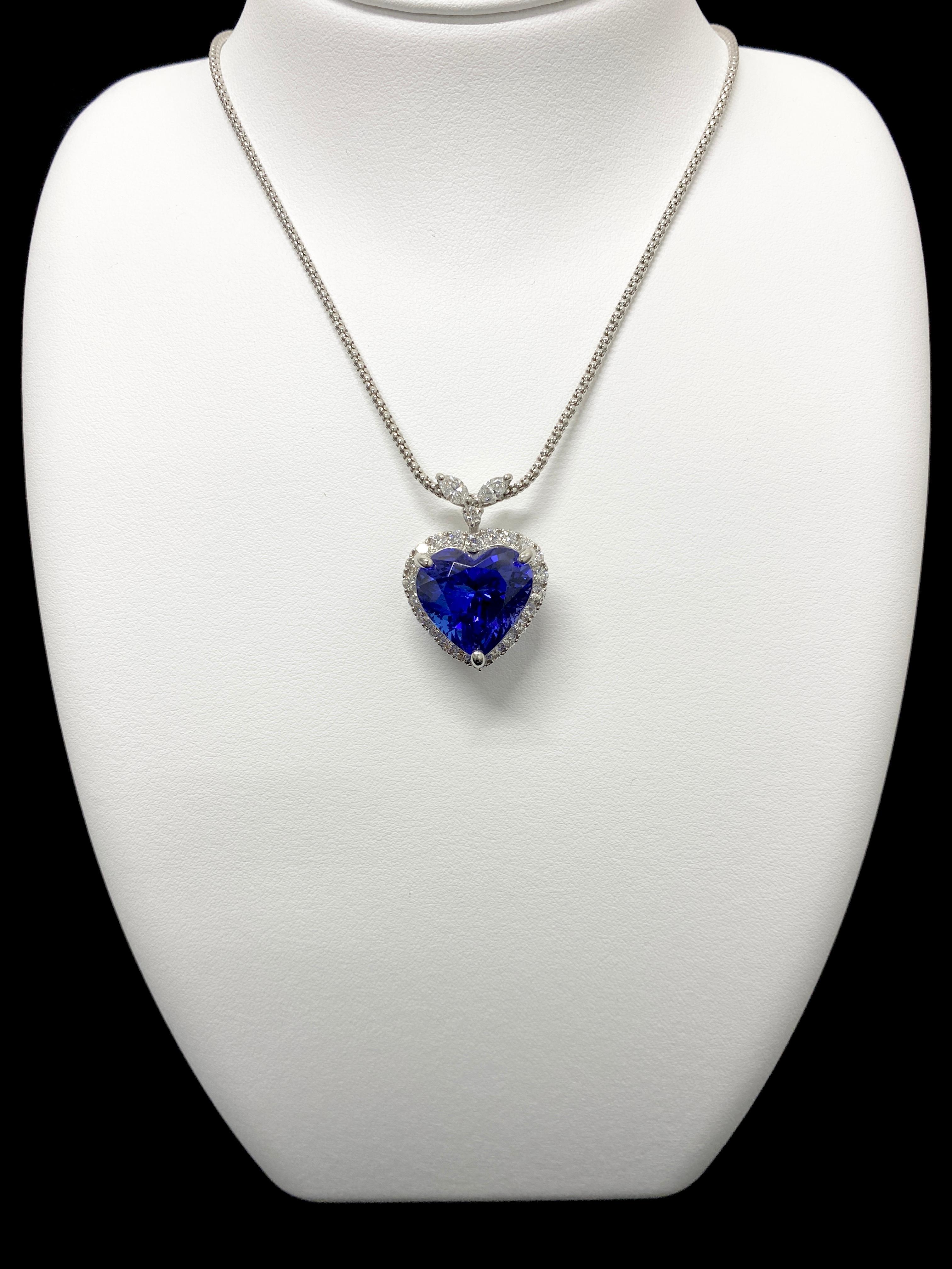 A beautiful Necklace featuring a 17.34 Carat, Natural, Heart-Cut Tanzanite and 1.45 Carats of Diamond Accents set in Platinum. Tanzanite's name was given by Tiffany and Co after its only known source: Tanzania. Tanzanite displays beautiful