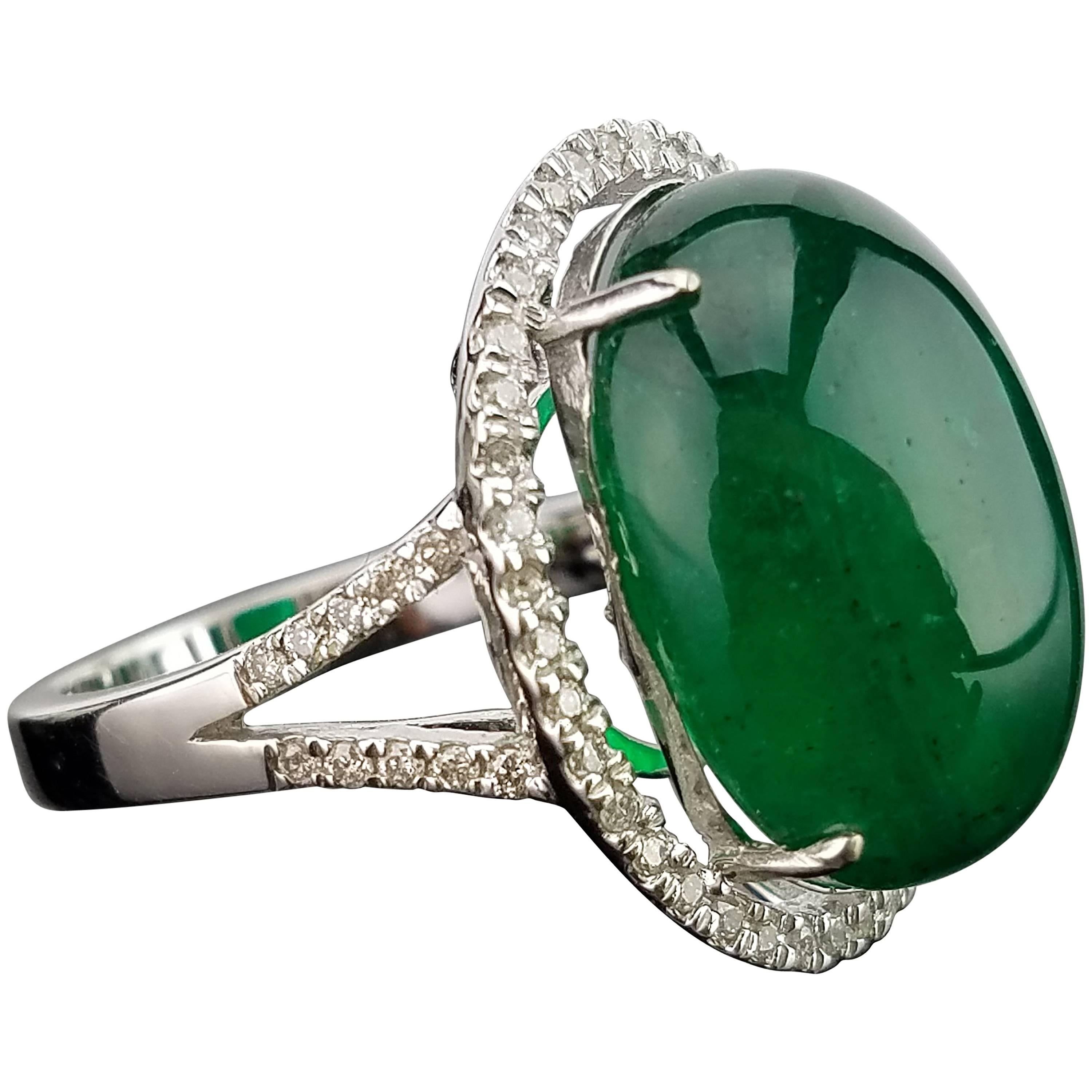 17.35 Carat Emerald Cabochon and Diamond Cocktail Ring
