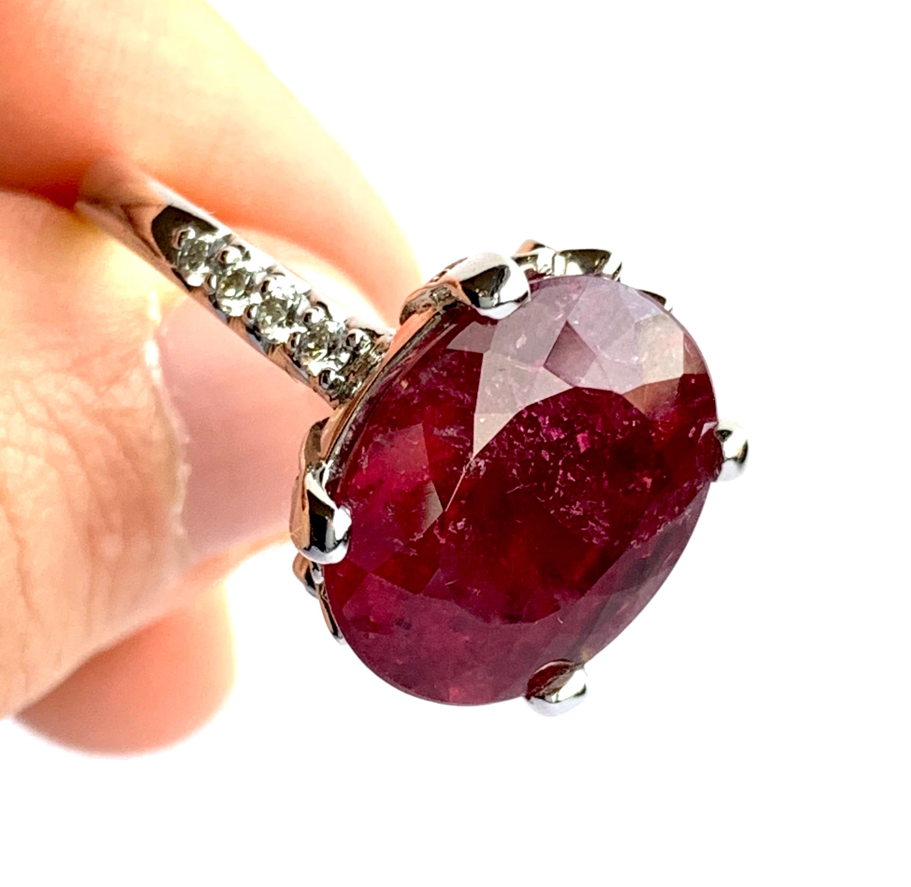 Oval Cut 17.36 Carat Oval Rubelite Ring and White Diamond Engagement Ring 14K White Gold