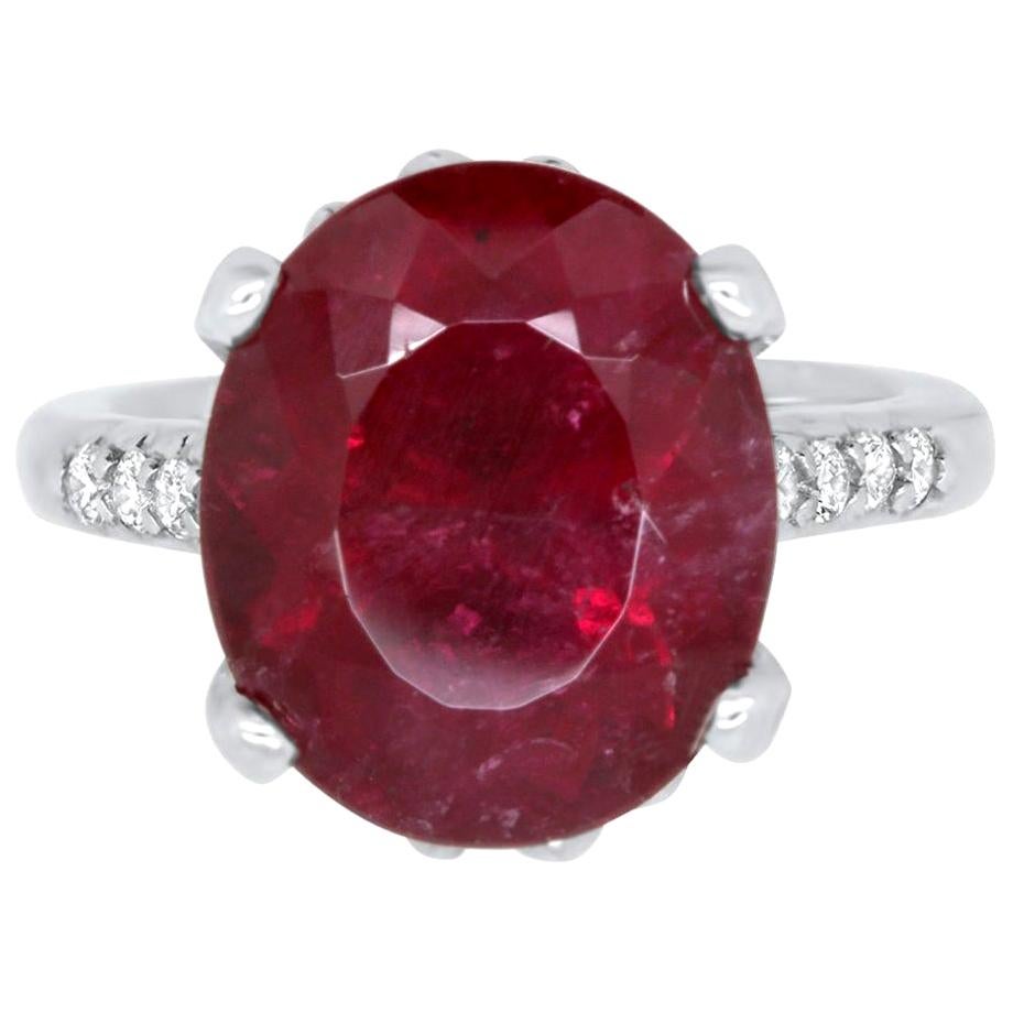 17.36 Carat Oval Rubelite Ring and White Diamond Engagement Ring 14K White Gold