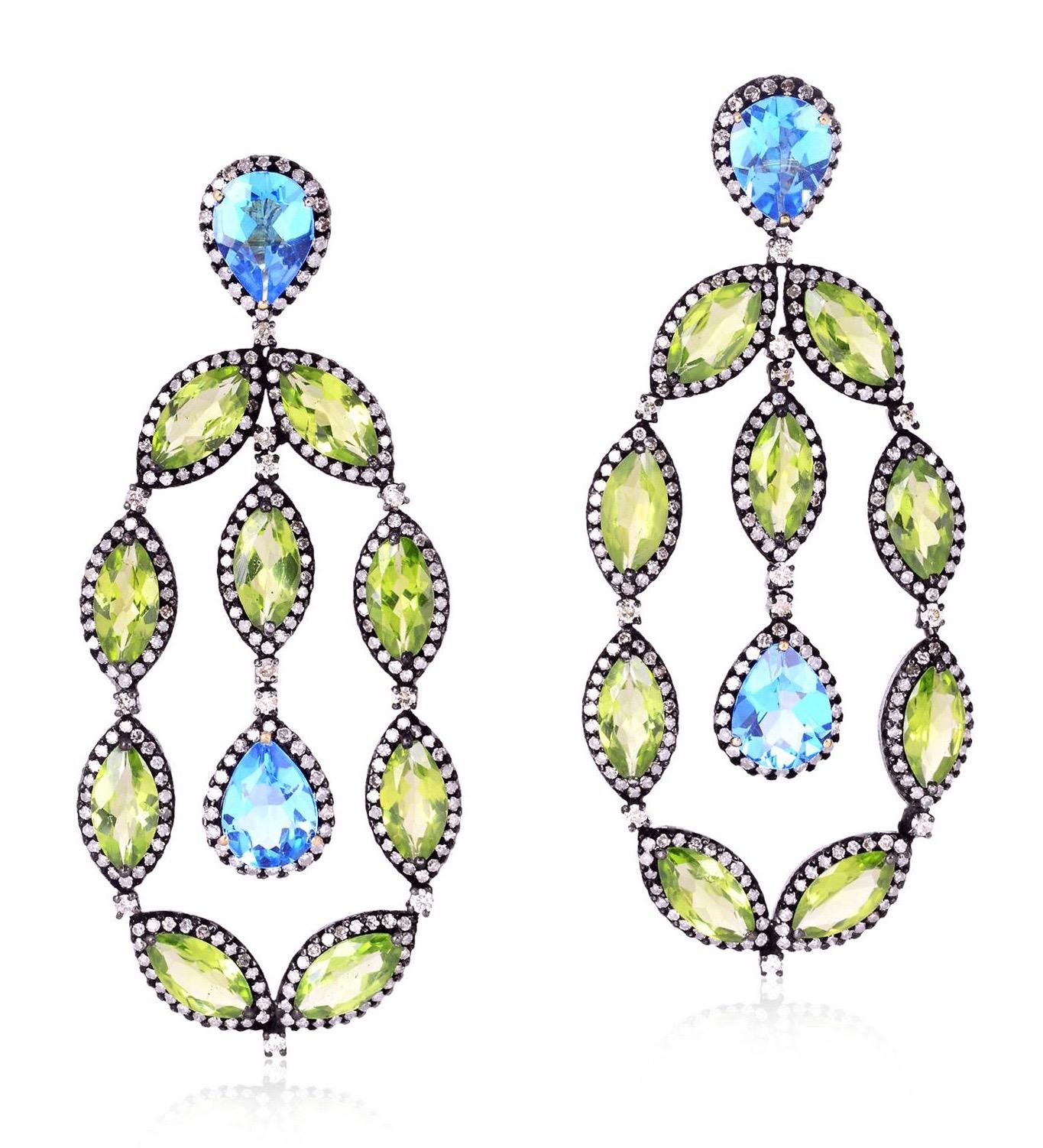Mixed Cut 17.37 Carat Peridot Topaz Diamond Earrings For Sale