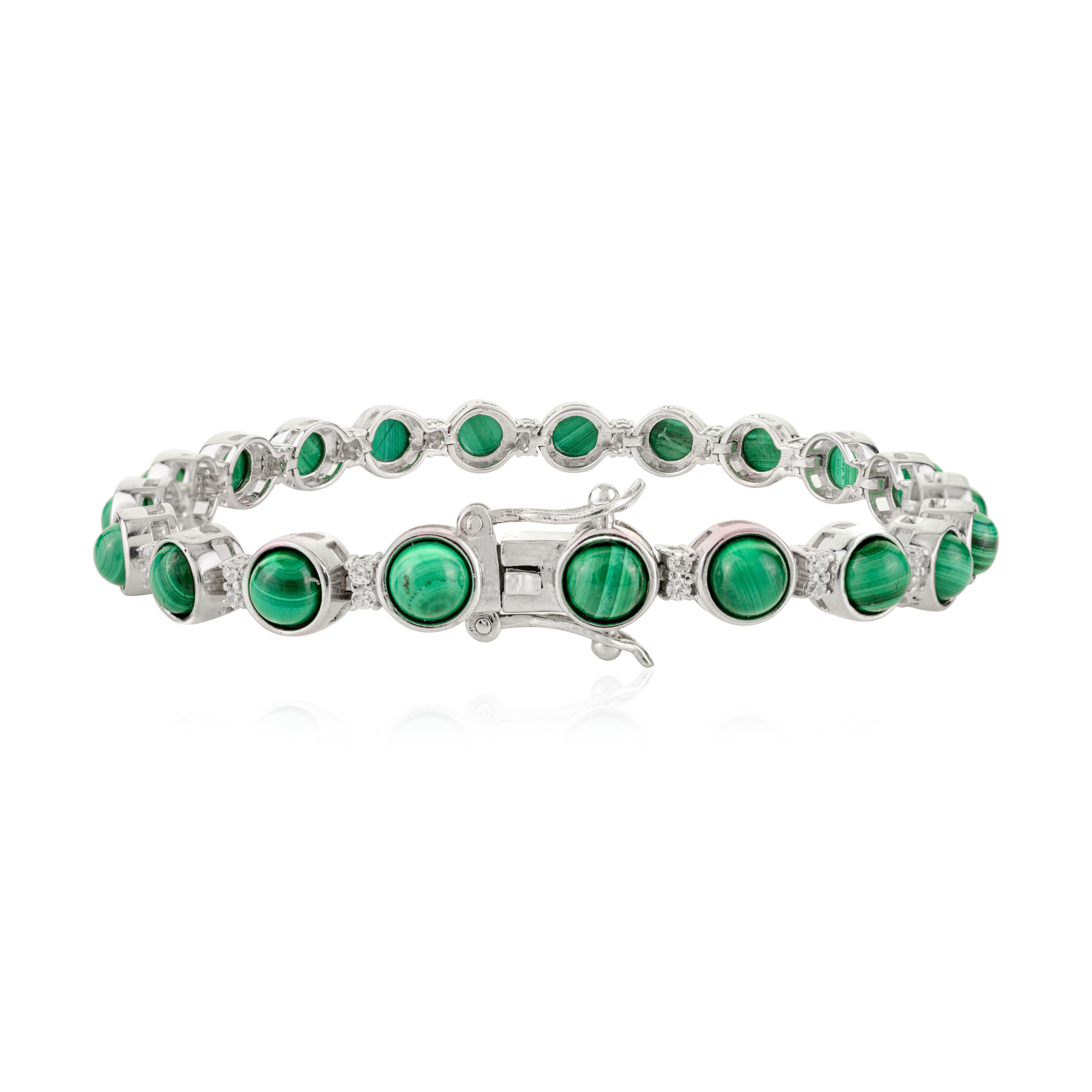 Taglio rotondo 17,37 CTW Bracciale da tennis in argento con gemme di malachite naturale e carbonato verde in vendita