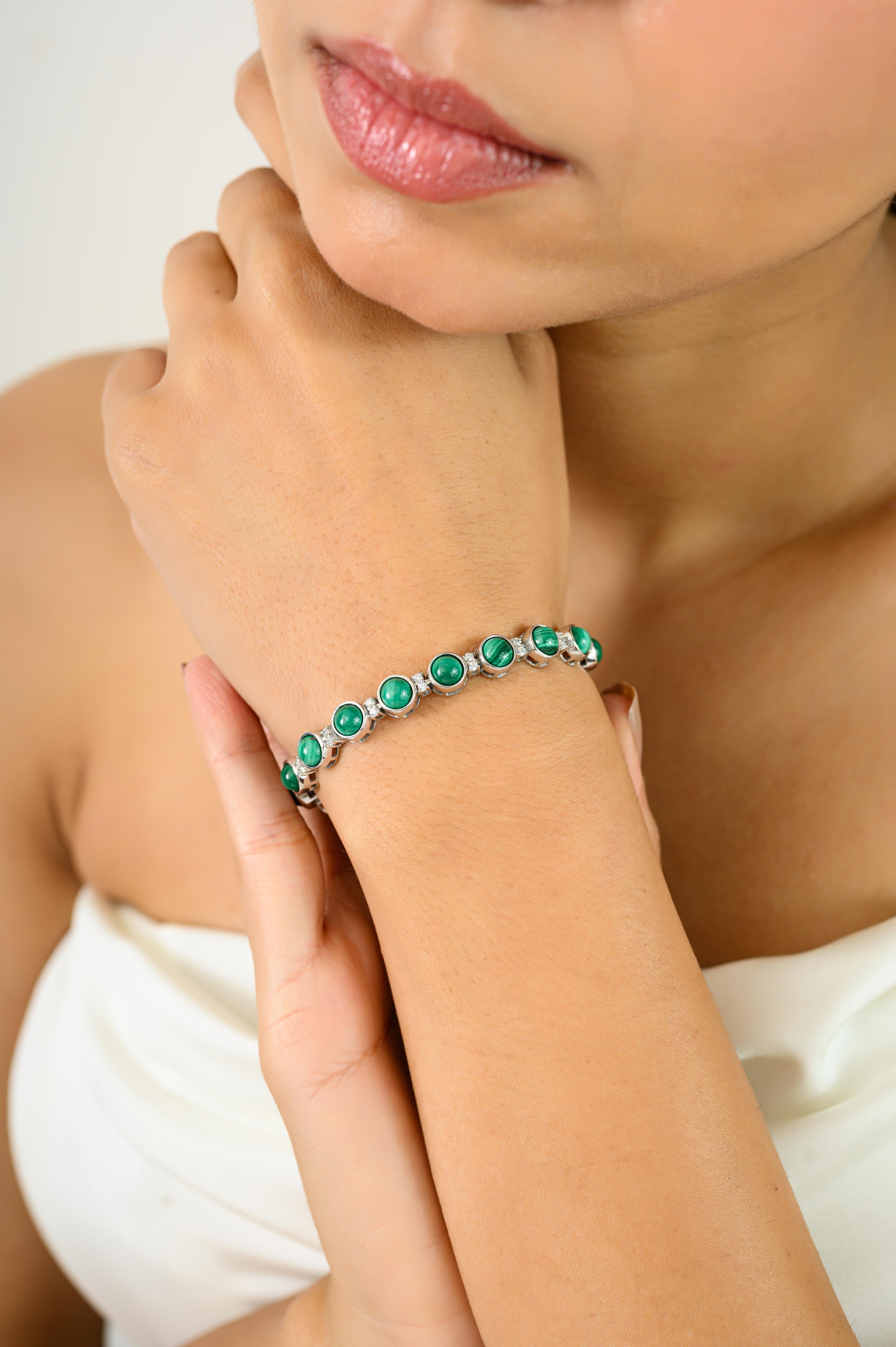This Green Carbonate Malachite Gemstone Silver Tennis Bracelet stunning 925 sterling silver tennis bracelet. Expertly crafted, it features a captivating display of 17.37 carats of natural green carbonate malachite, known for its rich swirls and