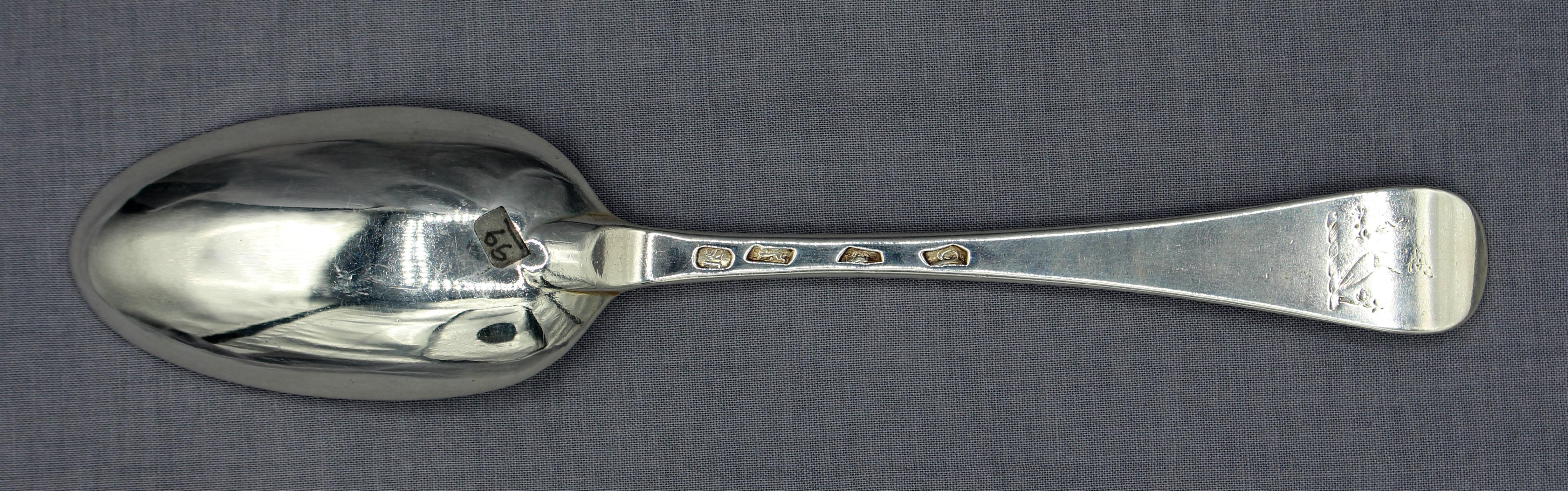 1737 Hanoverian pattern sterling silver tablespoon by Joseph Smith I, London. George II period. Crest obverse. The earliest known silversmith at Clerkenwell Close, called shop 