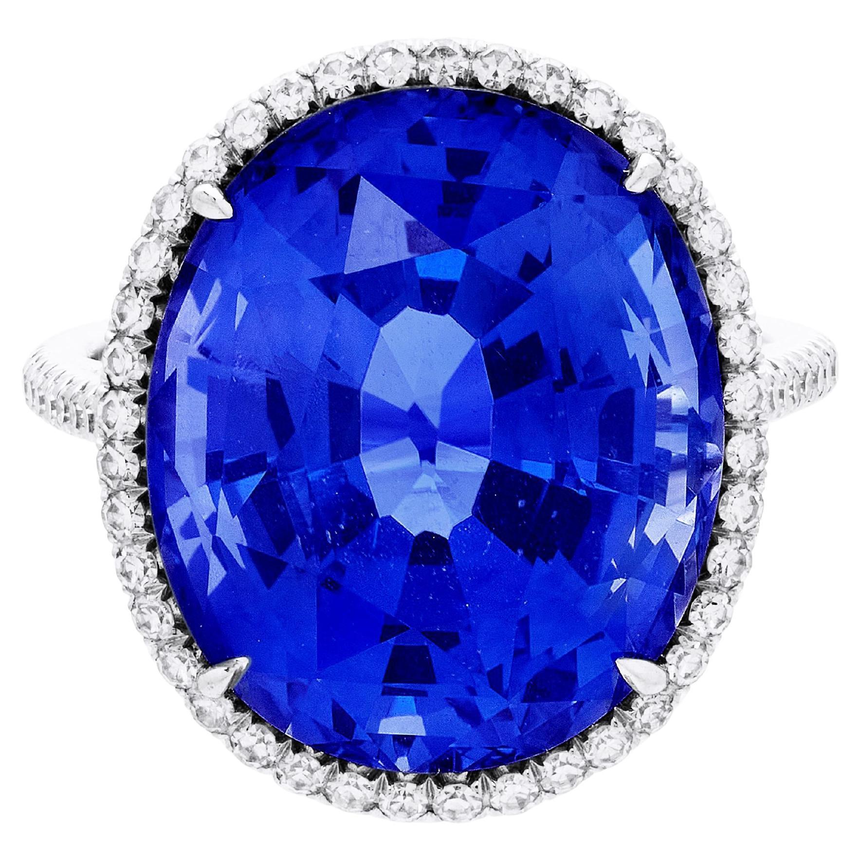 17.38 Carat Oval Brilliant Statement Royal Blue Sapphire 18K Gold Ring For Sale