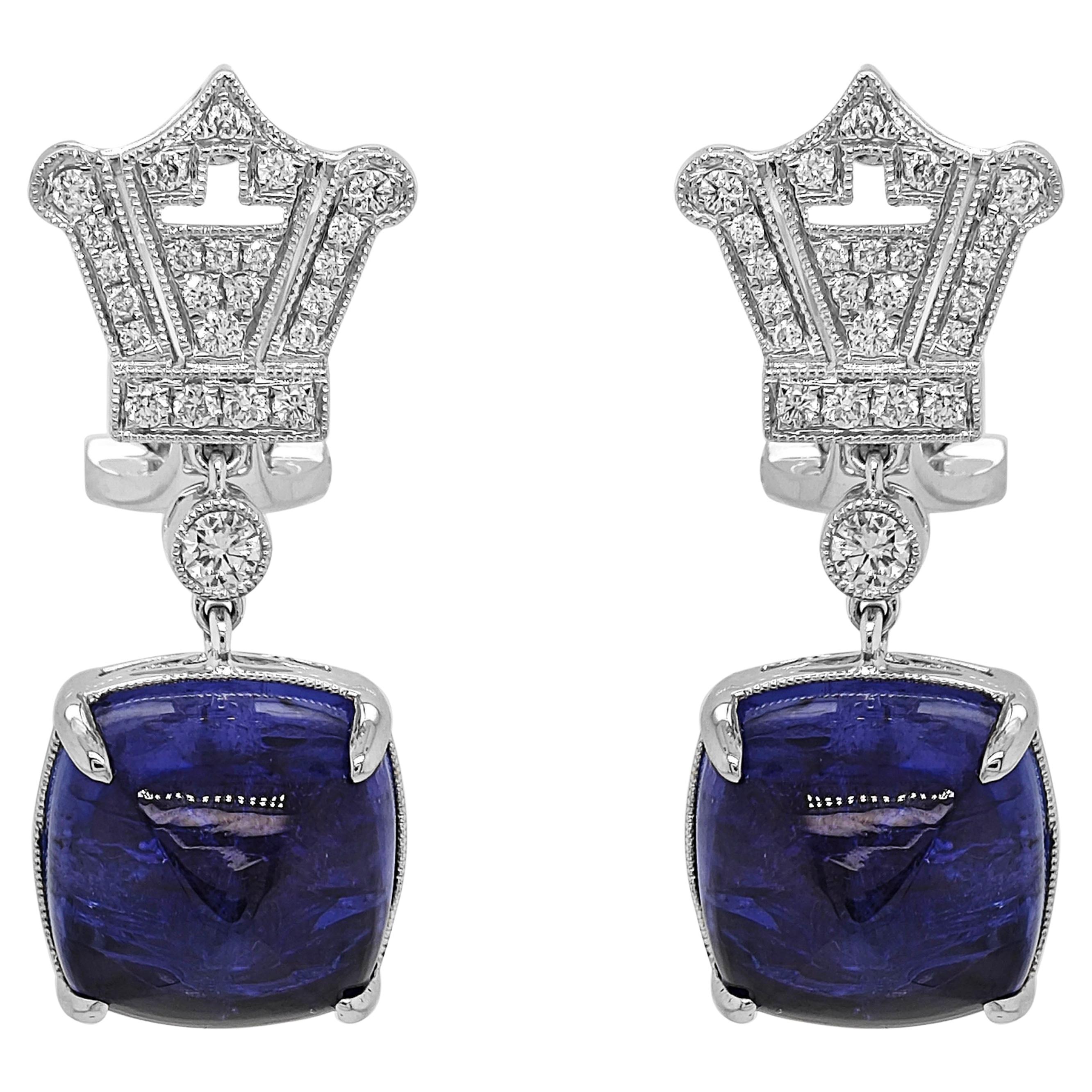 17.38 Carats Tanzanite and White Diamond White Gold Earrings
