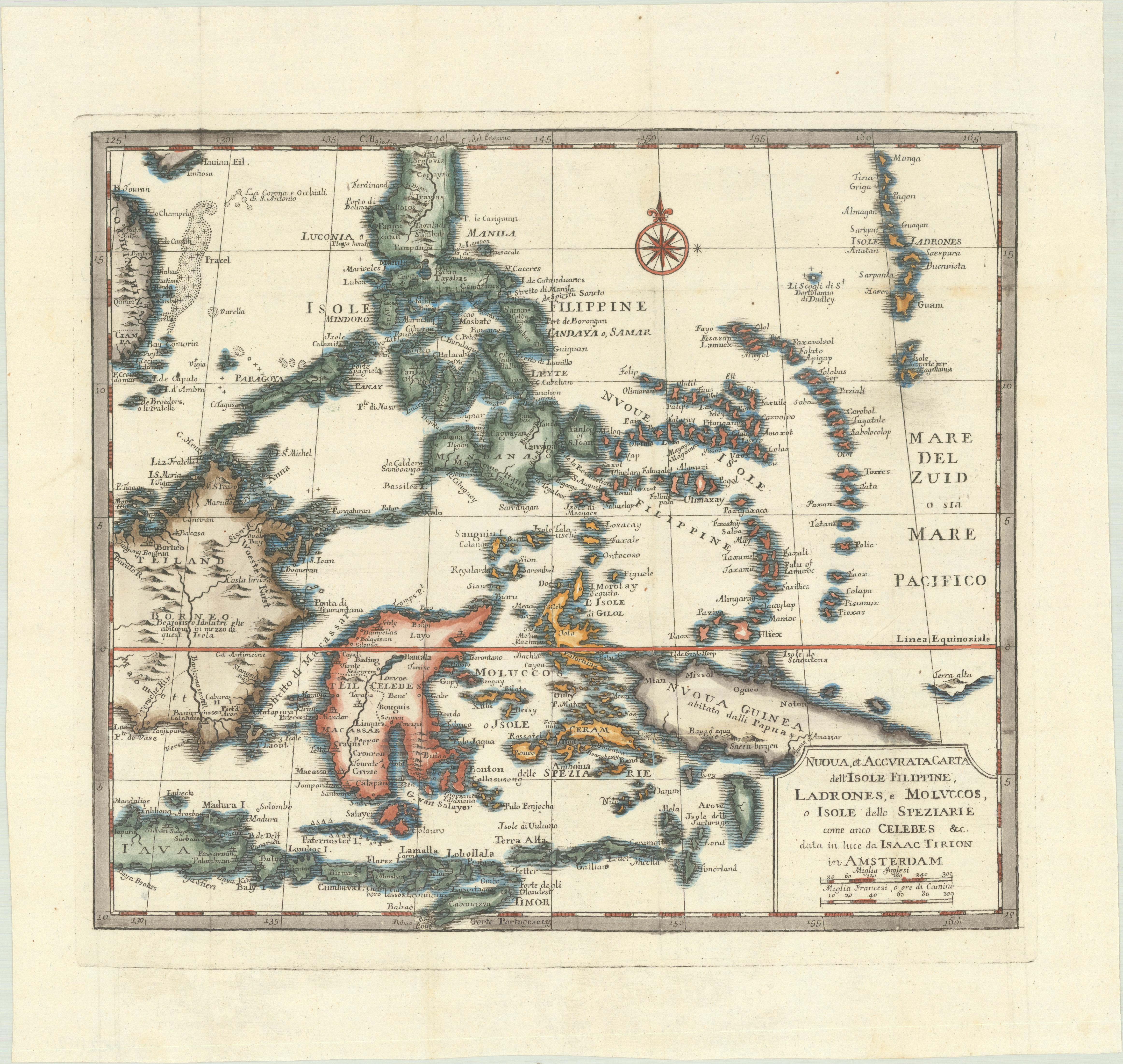Mappa delle Filippine e dell'Indonesia orientale del 1738: Isole delle Spezie di Tirion/Albrizzi

Questa splendida mappa colorata a mano del 1738 circa, creata da Tirion e Albrizzi, mostra le Filippine e la parte orientale dell'Indonesia,