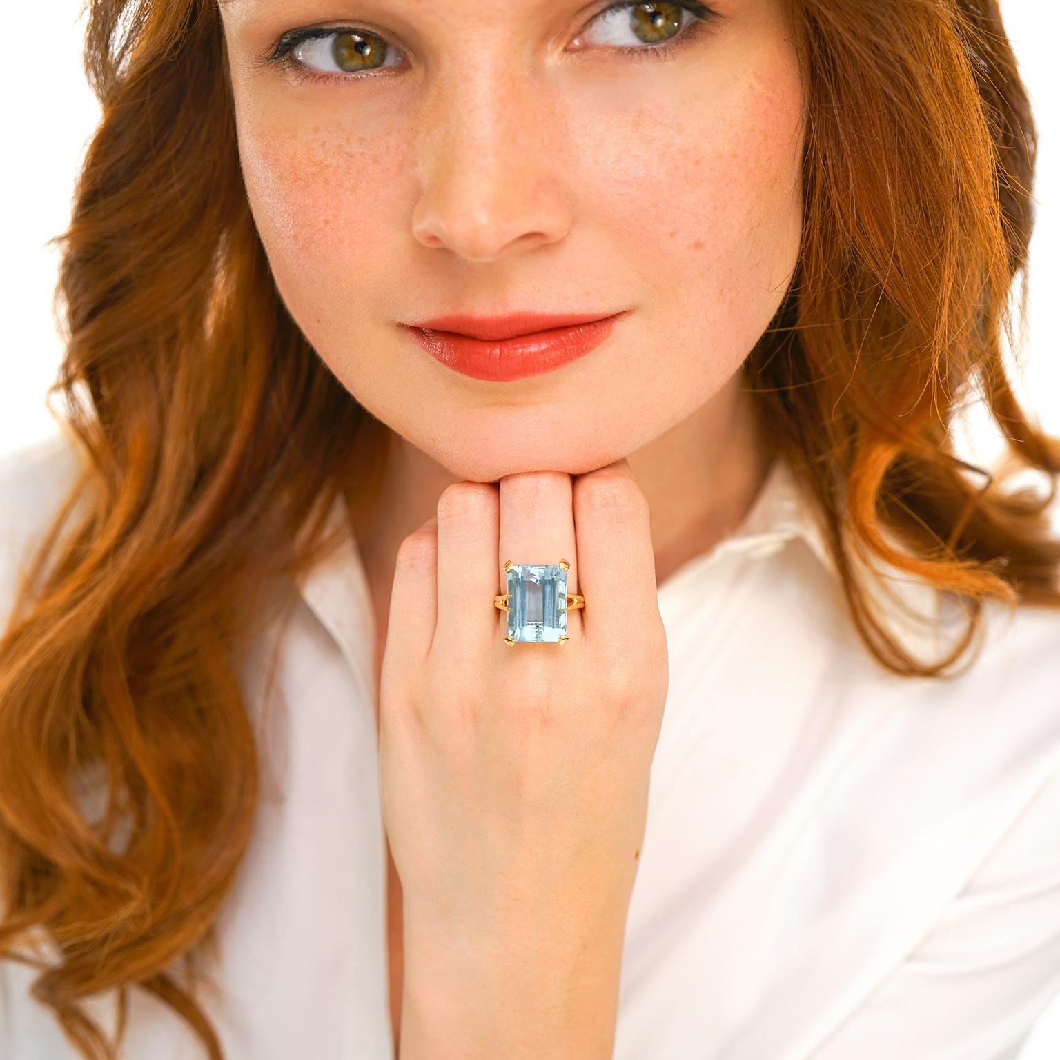 Emerald Cut 17.38 Carat Aquamarine Ring by Lawrence Jeffrey in Gold