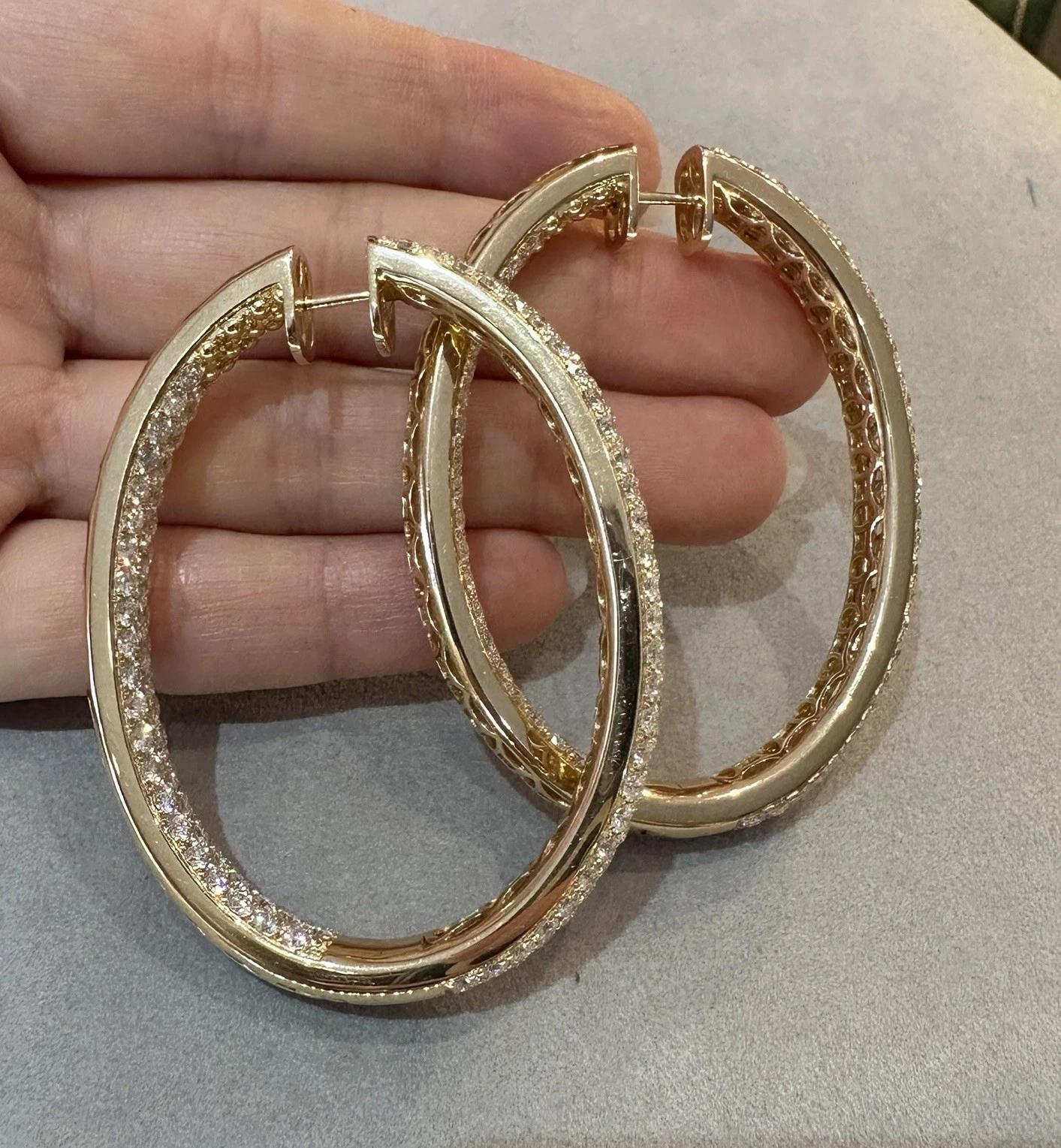 17.38cts Inside Out Oval Pave Diamond Hoop Earrings in 18k Yellow Gold For Sale 2