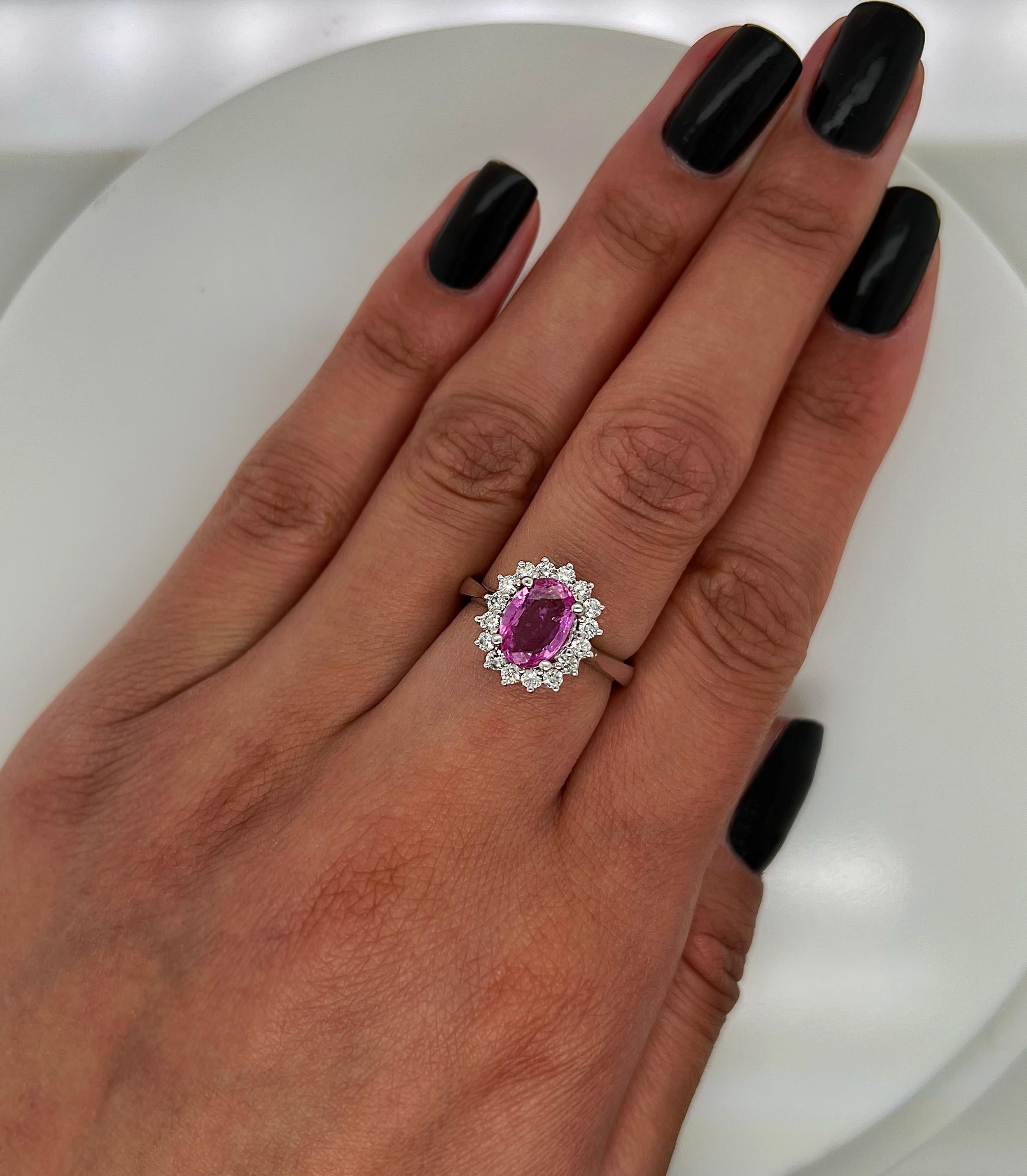 Oval Cut 2.16 Total Carat Pink Sapphire Diamond Halo Ladies Ring For Sale
