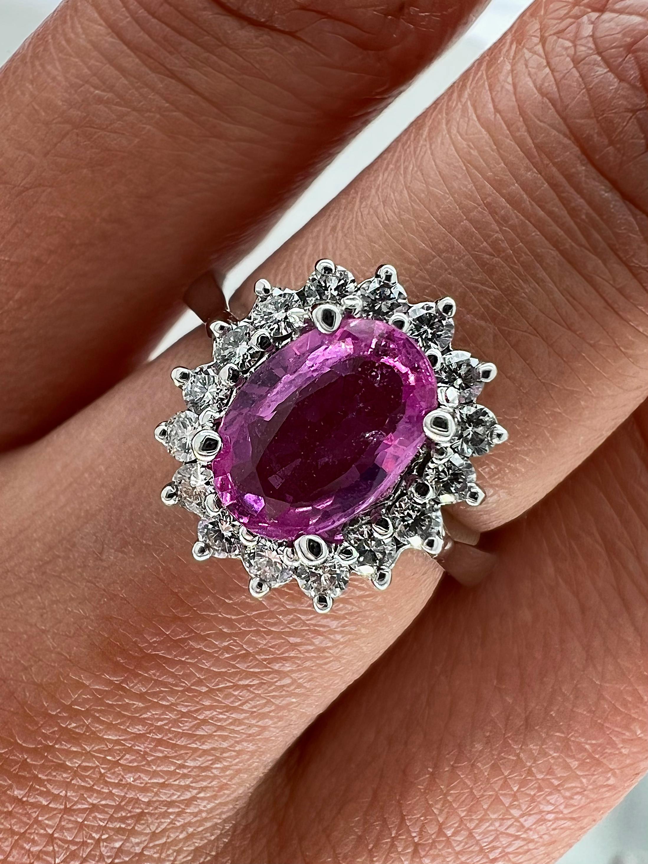 2.16 Total Carat Pink Sapphire Diamond Halo Ladies Ring In New Condition For Sale In New York, NY