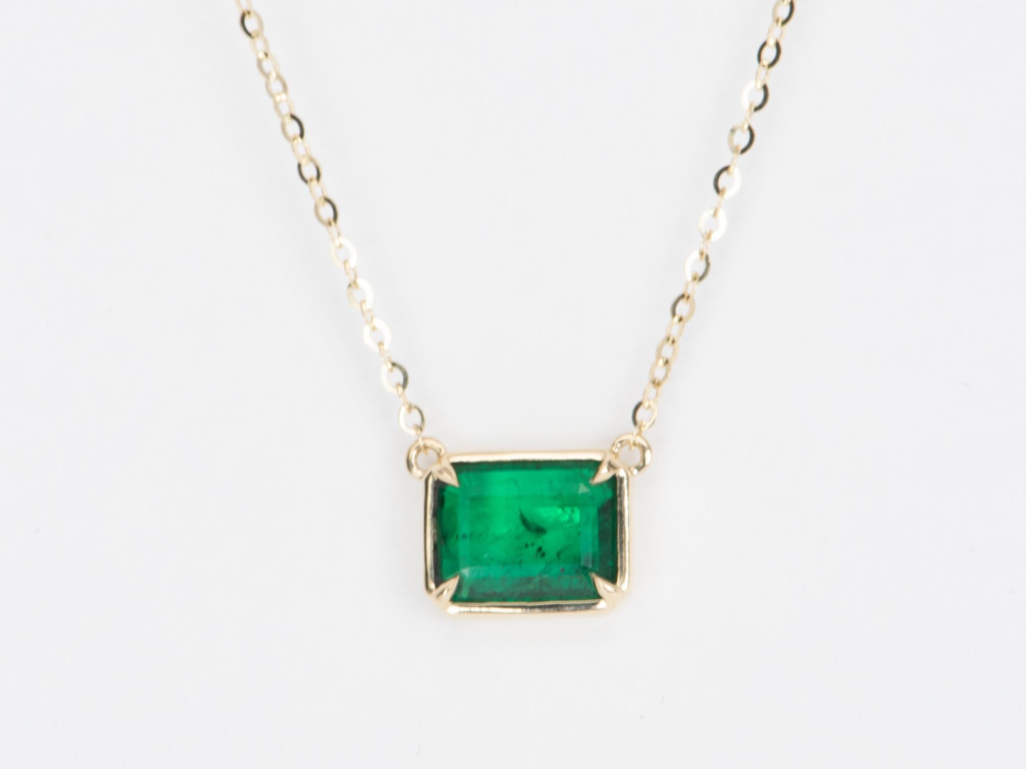 Emerald Cut 1.73ct Bright Green Zambian Emerald Necklace 14K Gold R4470 For Sale