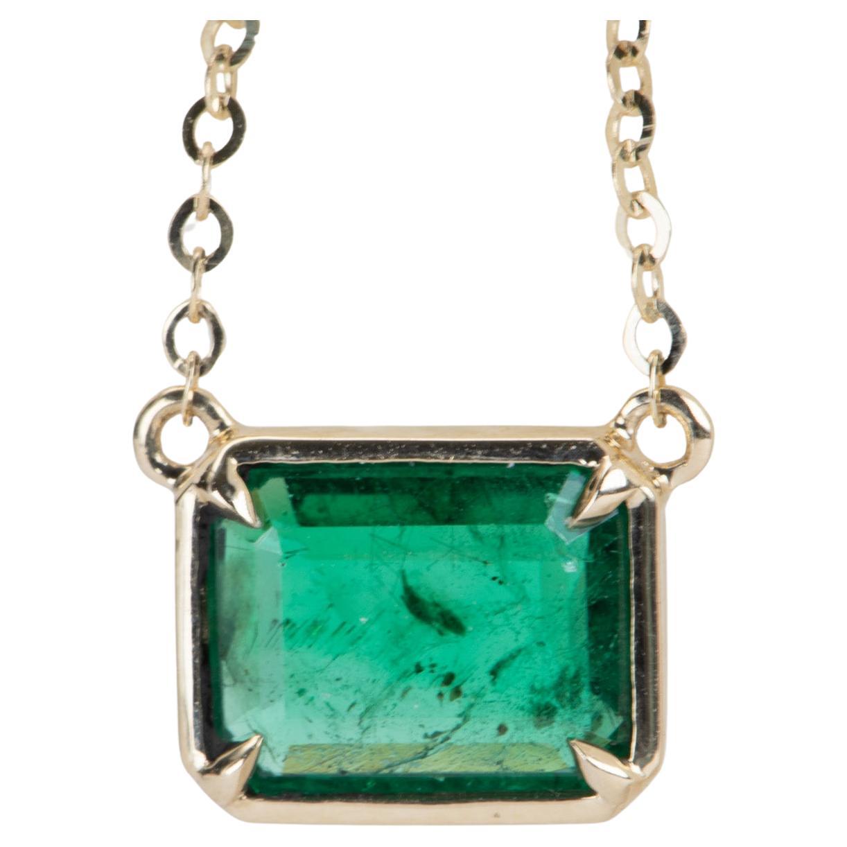 1.73ct Bright Green Zambian Emerald Necklace 14K Gold R4470 For Sale