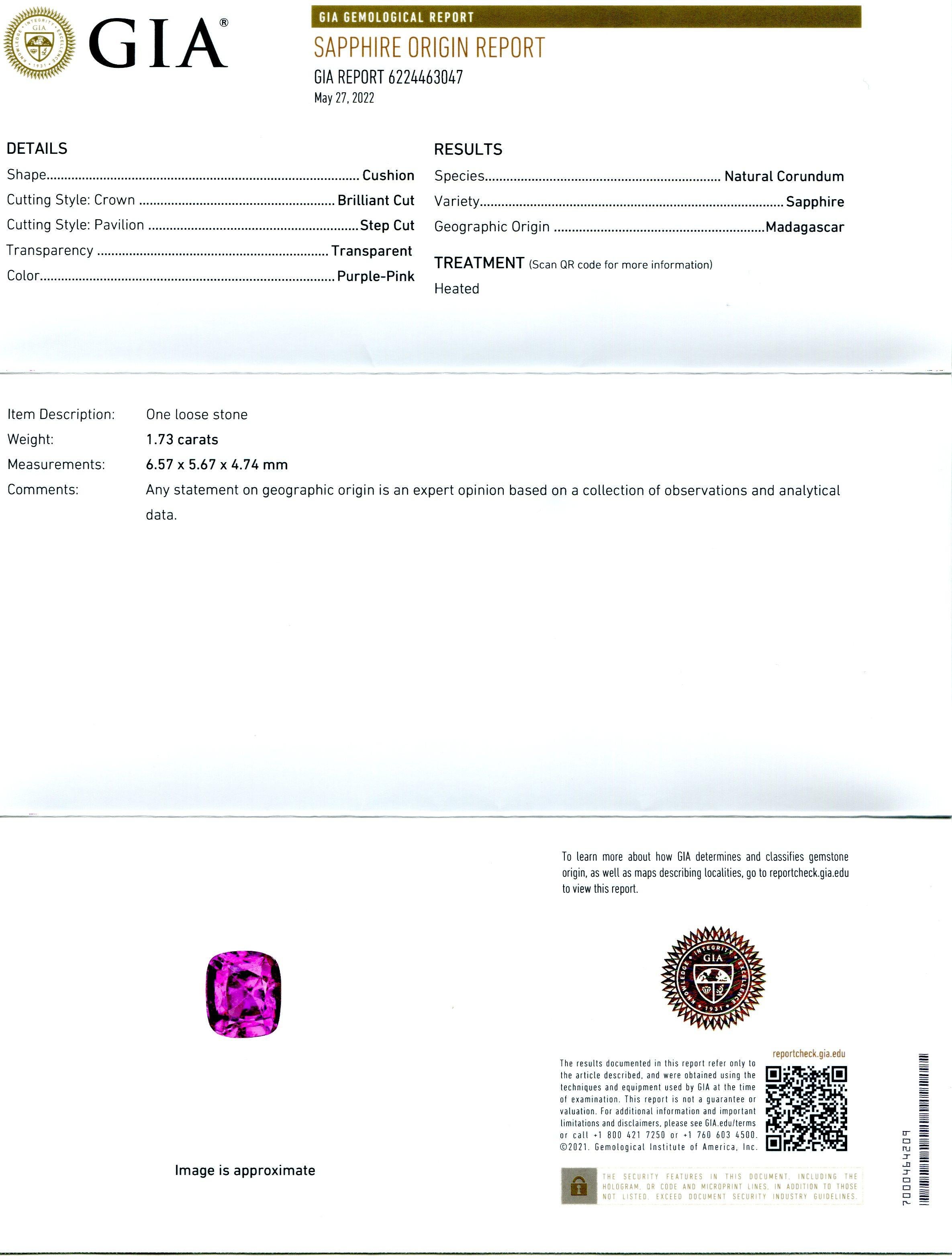 Saphir rose-violet taille coussin 1,73 carat certifié GIA de Madagascar Unisexe en vente
