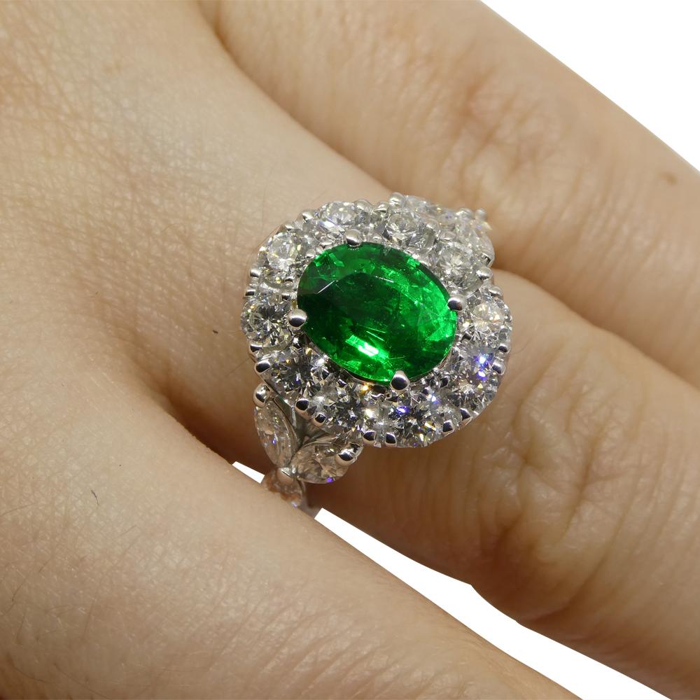 
Experience the enchantment of our Oval-Cut Emerald and Diamond Ring, a captivating embodiment of sophistication and elegance. At its center gleams an oval-cut emerald, weighing 1.73 carats. This emerald, with its deep green hue and strong-vivid