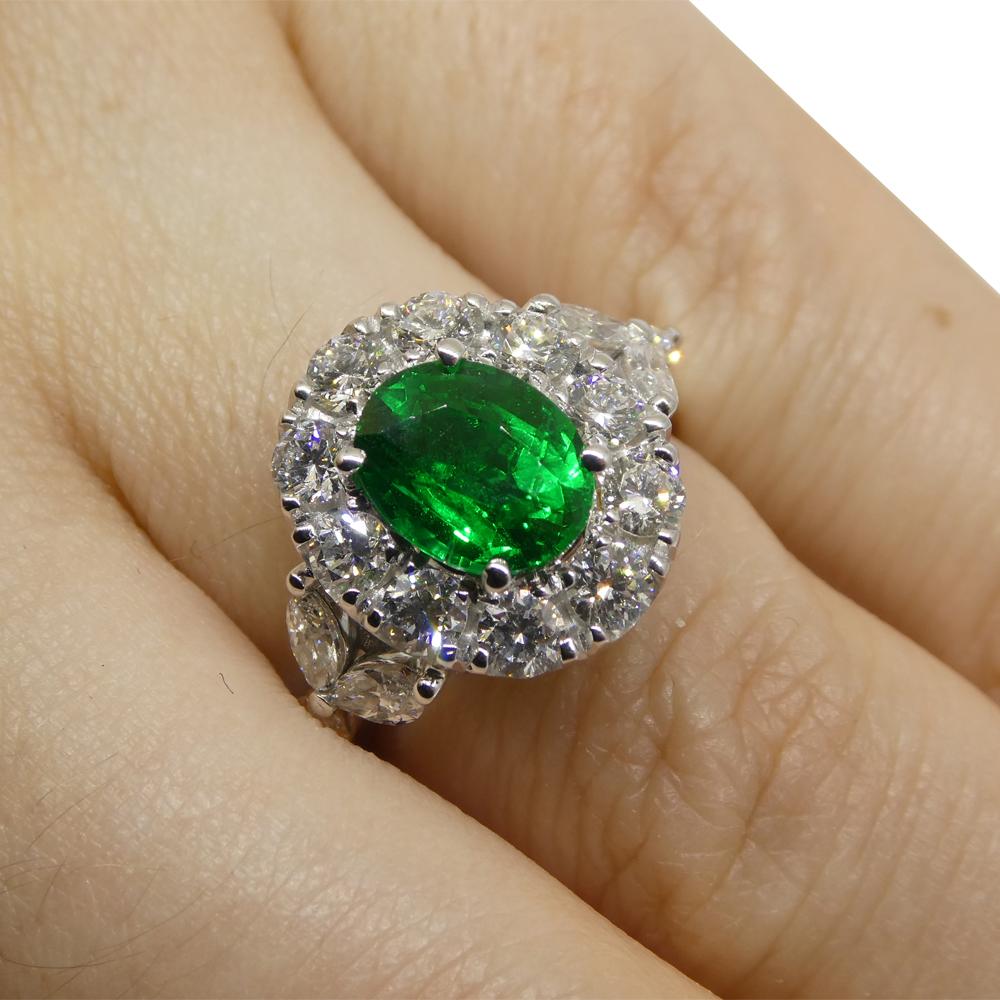 Contemporary 1.73ct Emerald, Diamond Engagement/Statement Ring in 18K White Gold For Sale
