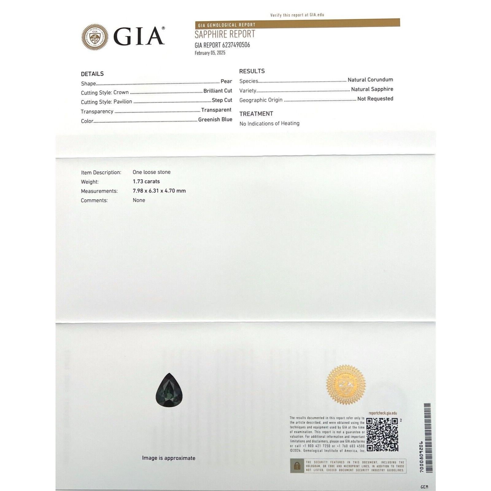 1,73ct GIA zertifiziert unbehandelt Teal Sapphire Grün Blau Birne Teardrop 7,9x6,3mm

GIA Certified Natural Teal Grün Blau Unbehandelt Saphir Edelstein.
1,73 Karat Saphir mit einer einzigartigen grün-blauen Farbe mit sehr guter Klarheit, ein