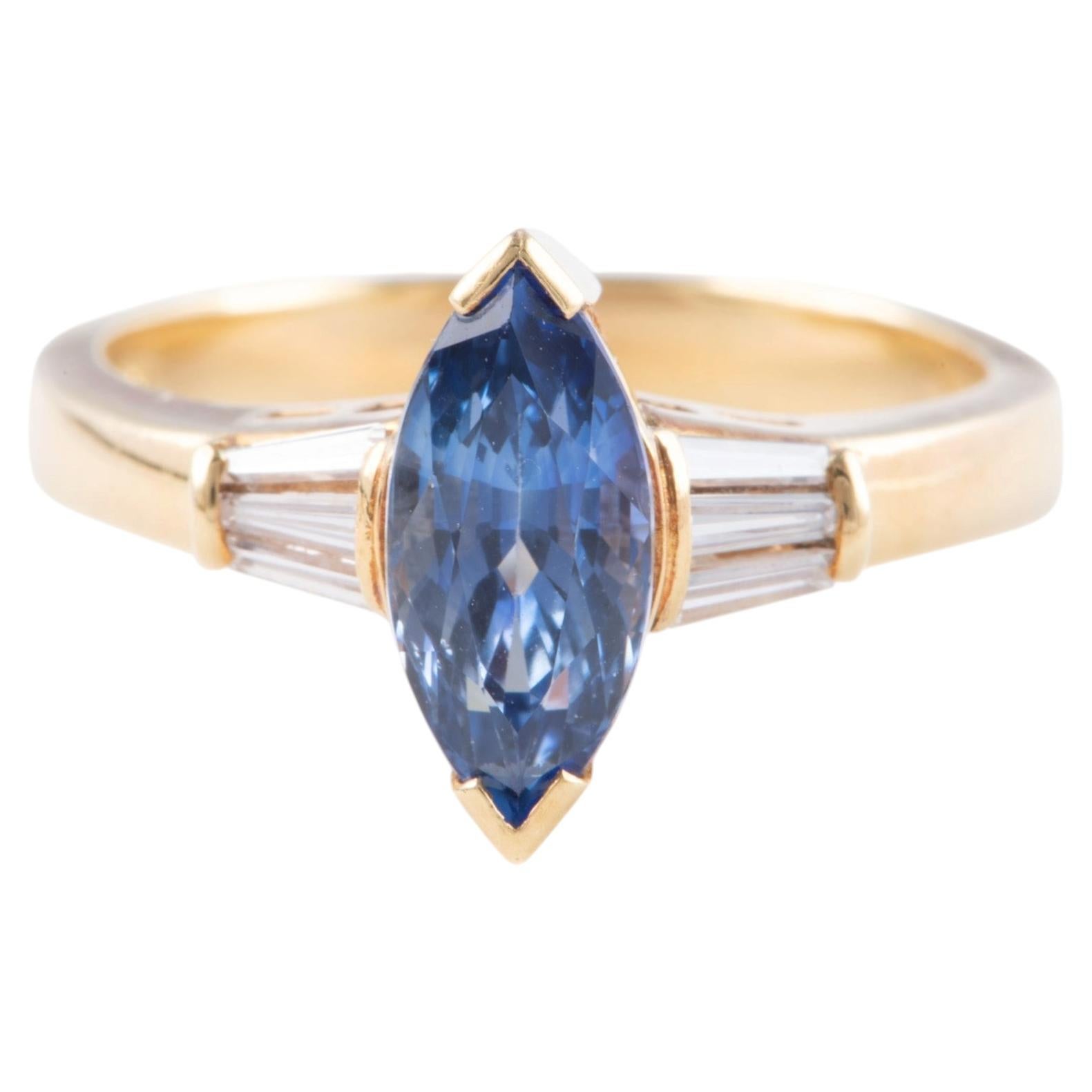 1.73ct Marquise Sapphire and Baguette Diamond 18K Gold Engagement Ring V1173