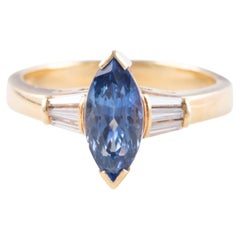 1.73ct Marquise Sapphire and Baguette Diamond 18K Gold Engagement Ring V1173