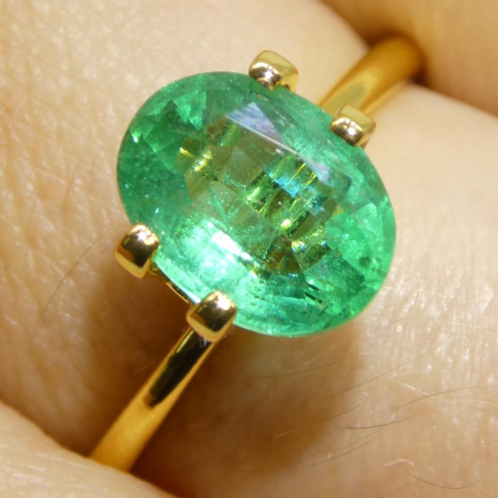 Description:

Gem Type: Emerald 
Number of Stones: 1
Weight: 1.73 cts
Measurements: 9.11 x 6.92 x 4.21 mm
Shape: Oval
Cutting Style Crown: Step Cut
Cutting Style Pavilion: Brilliant 
Transparency: Transparent
Clarity: Moderately Included: Inclusions