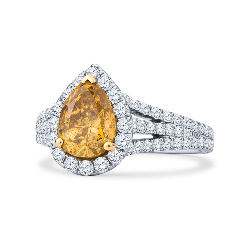 This engagement ring features one semi-mount set, GIA certified, 1.73ct, pear shaped, fancy deep brownish/greenish/yellow center diamond, surrounded by 1.14ctw of split prong-set round brilliant diamonds. The ring itself is 18kt white gold
