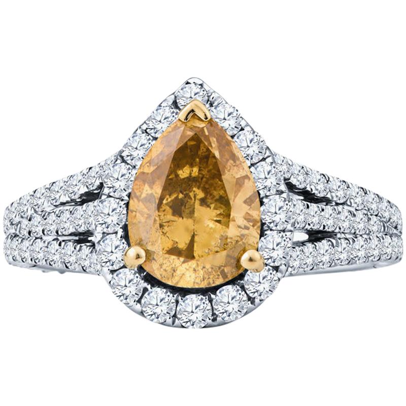1.73ct Pear Shape Brown/Green/Yellow Diamond and 1.14ctw White Diamond Ring, GIA For Sale
