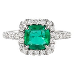 1.73ctt Cushion Emerald with Diamond Halo Ring 18k White Gold