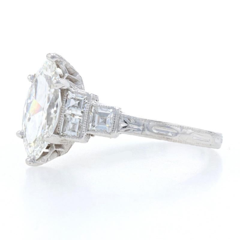 Marquise Cut 1.73 Carat Old Cut Marquise Diamond Art Deco Ring, Platinum Vintage GIA VVS2