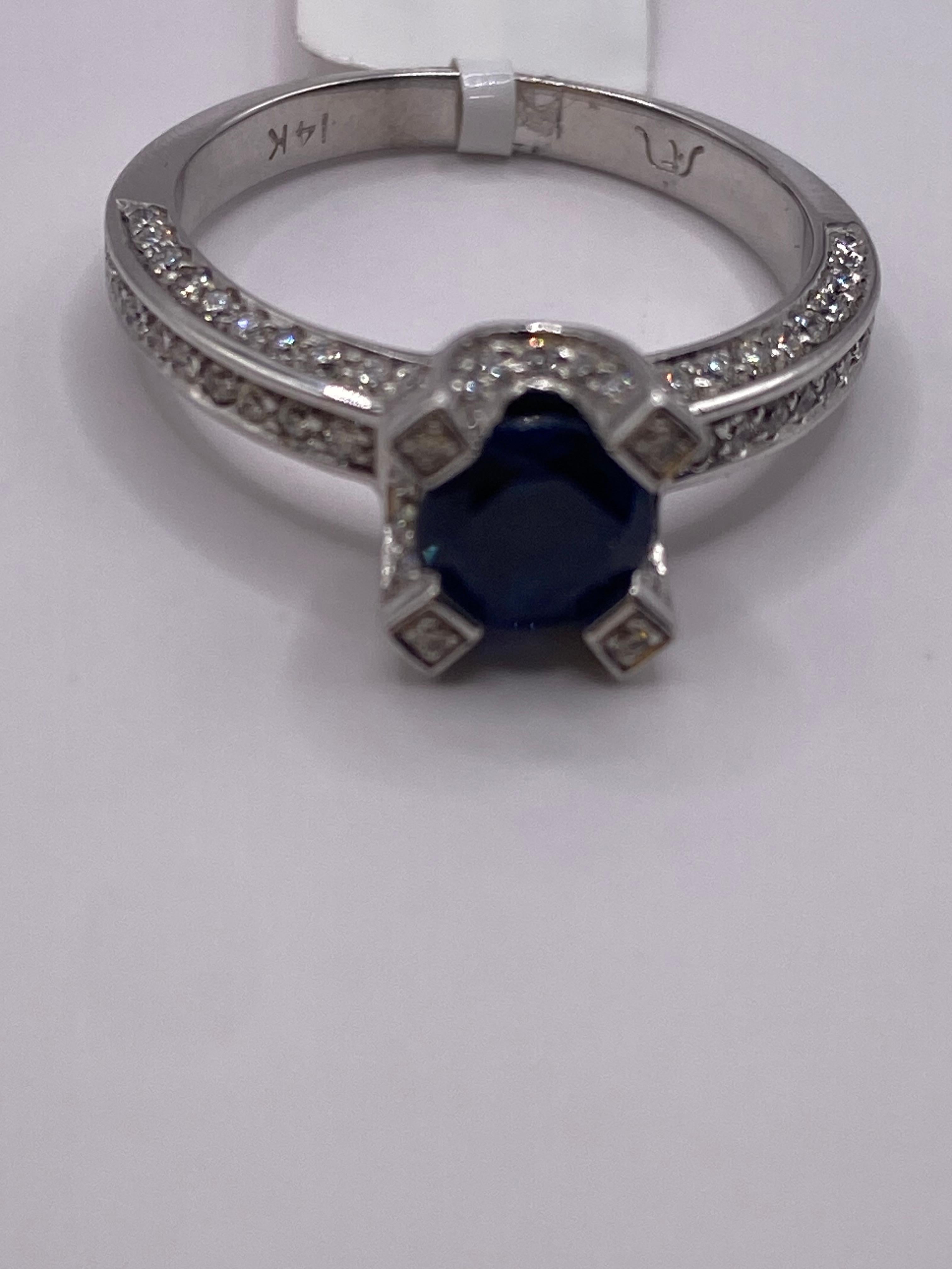 Round Cut 1.73ctw Round Sapphire & Diamond Ring in 14KT White Gold For Sale