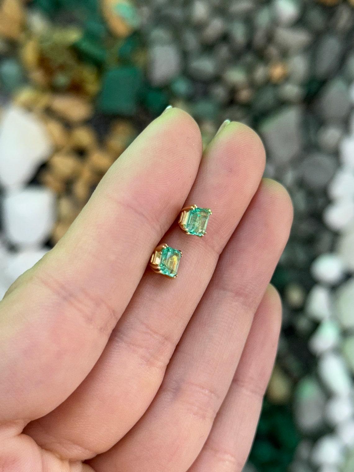 1.73tcw 14K Colombian Emerald Asscher Cut Studs Double Claw Prong Vivid Green 5