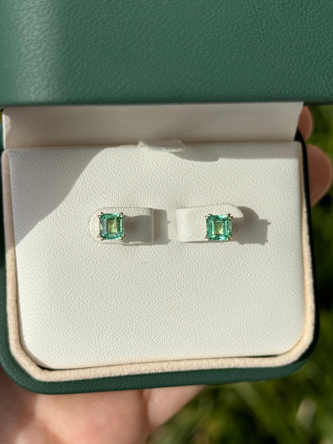 Women's 1.73tcw 14K Colombian Emerald Asscher Cut Studs Double Claw Prong Vivid Green