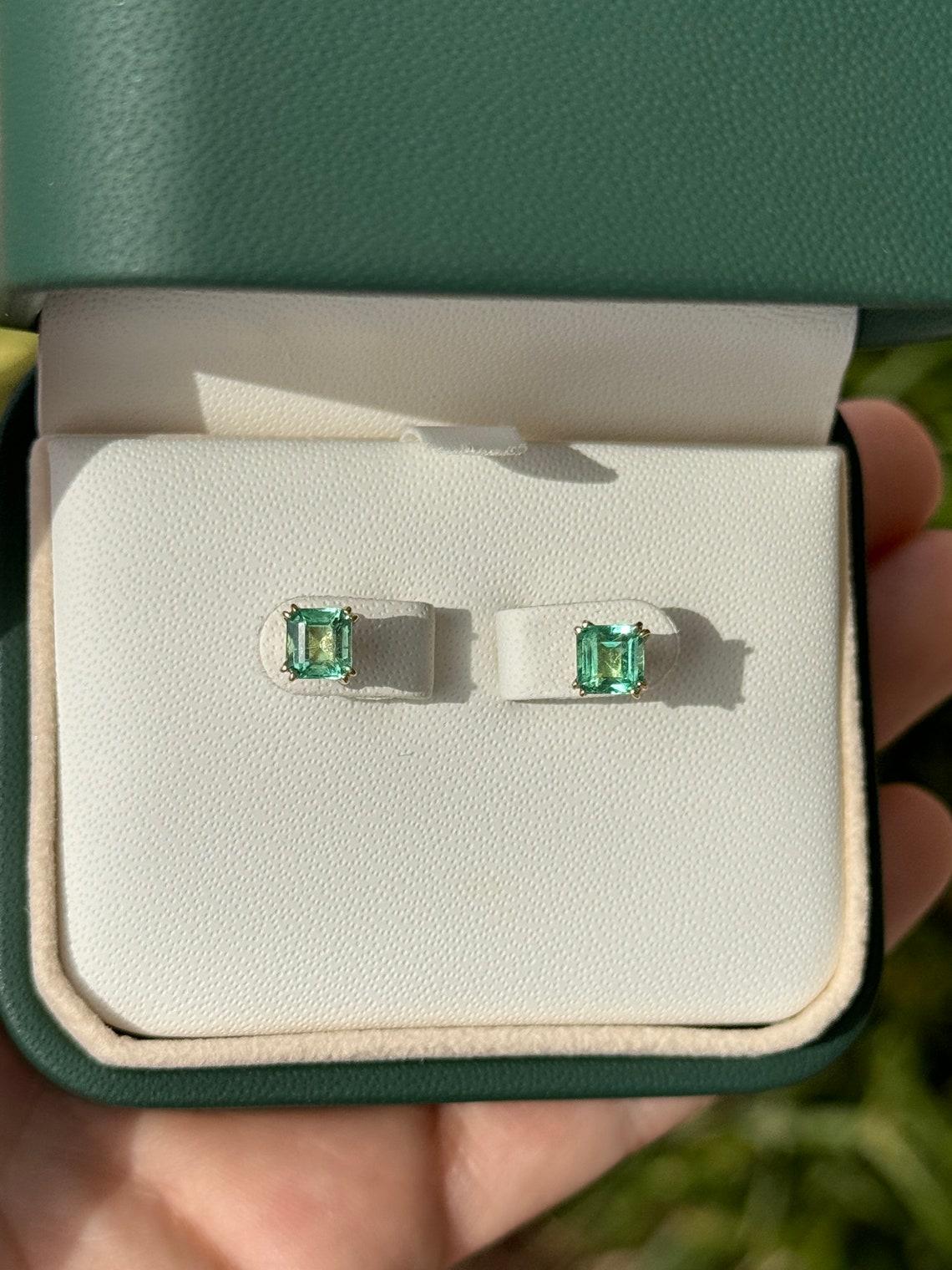 1.73tcw 14K Colombian Emerald Asscher Cut Studs Double Claw Prong Vivid Green 1