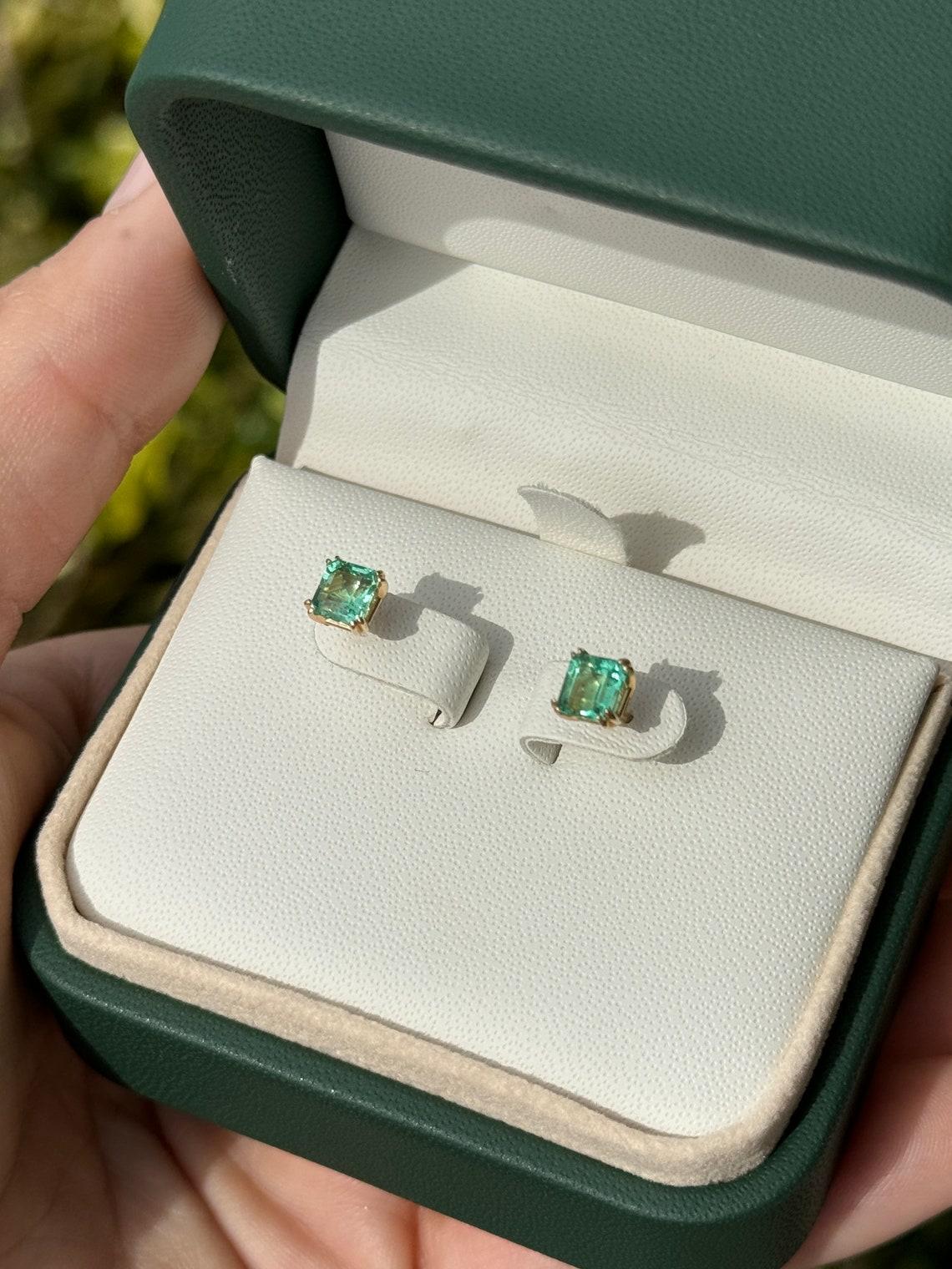 1.73tcw 14K Colombian Emerald Asscher Cut Studs Double Claw Prong Vivid Green 2