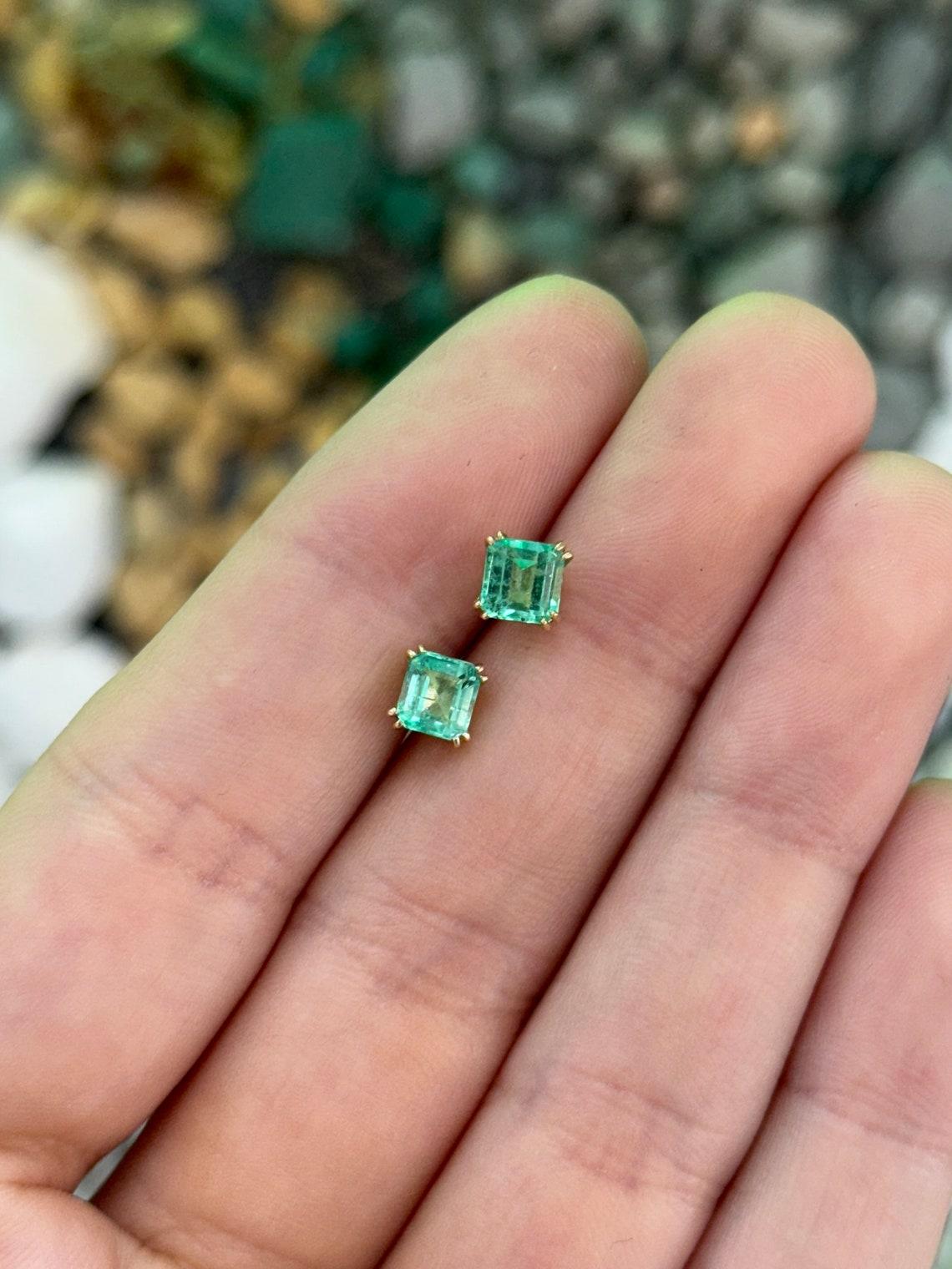 1.73tcw 14K Colombian Emerald Asscher Cut Studs Double Claw Prong Vivid Green 3