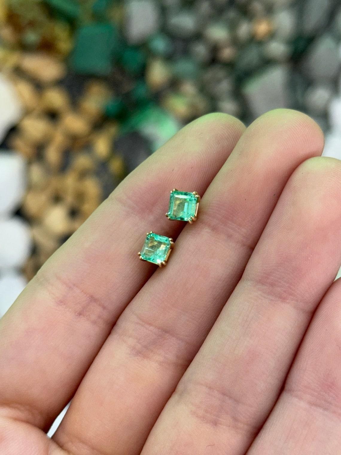 1.73tcw 14K Colombian Emerald Asscher Cut Studs Double Claw Prong Vivid Green 4