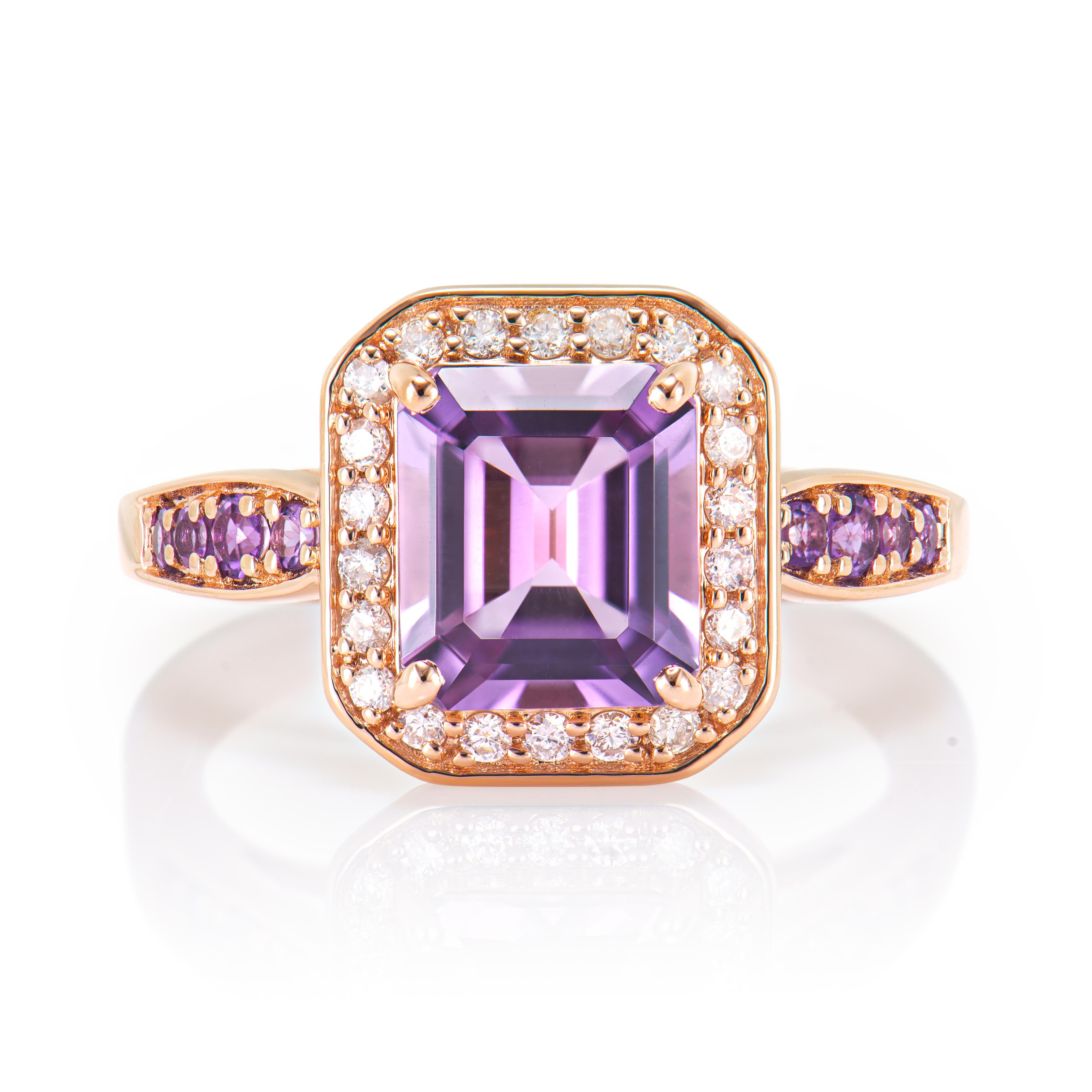 Contemporary 1.74 Carat Amethyst Fancy Ring in 14Karat Rose Gold with White Diamond.   For Sale
