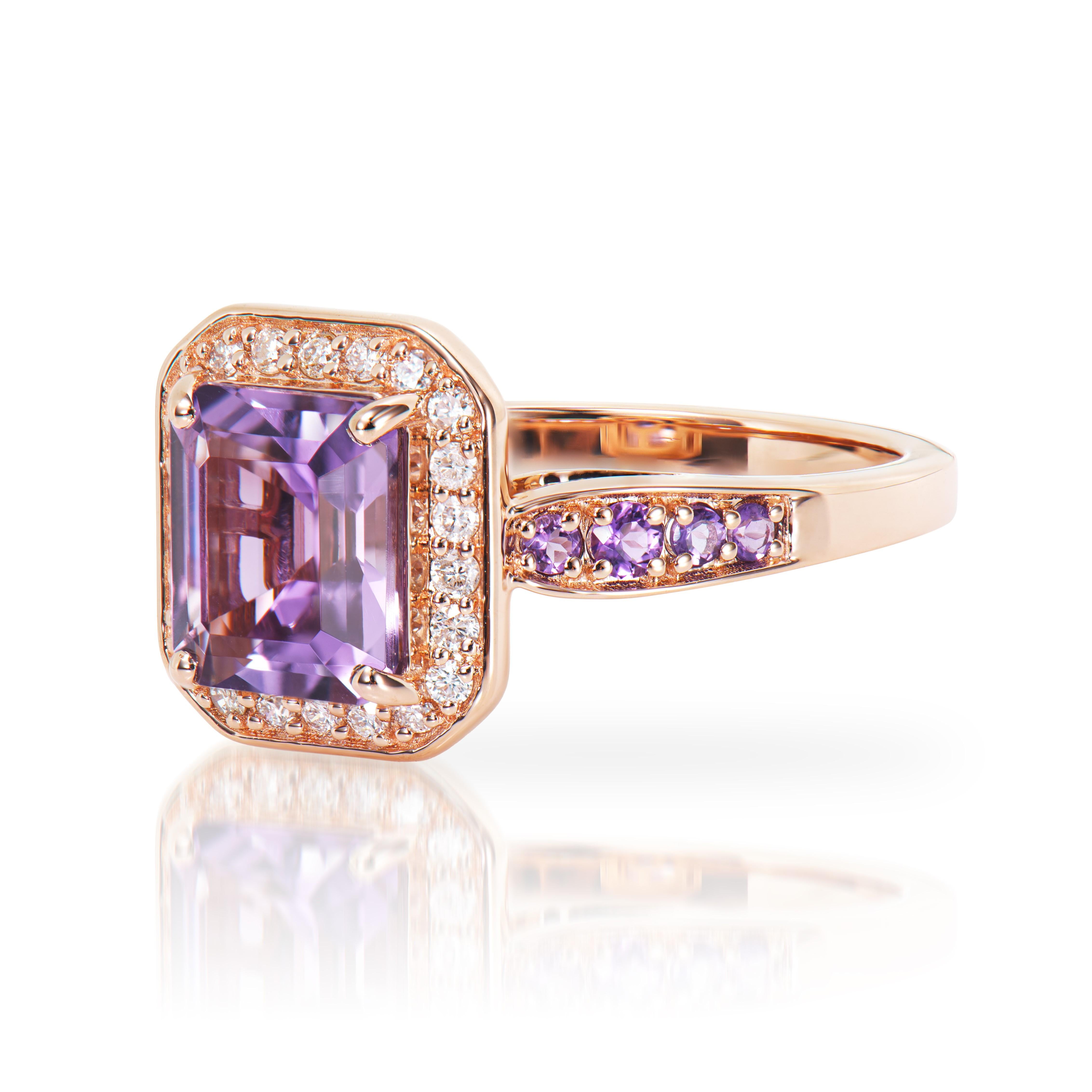 Octagon Cut 1.74 Carat Amethyst Fancy Ring in 14Karat Rose Gold with White Diamond.   For Sale