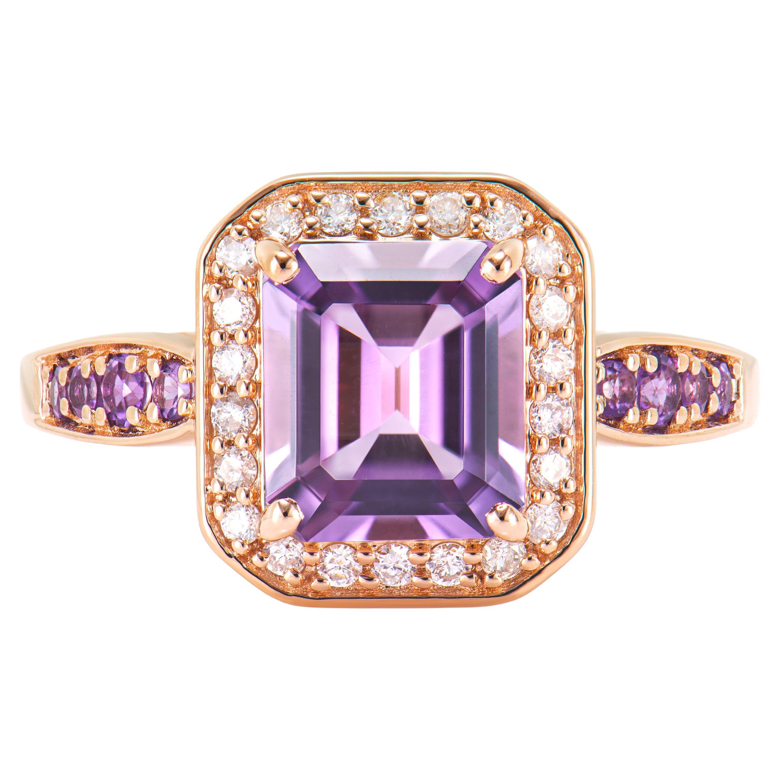 1.74 Carat Amethyst Fancy Ring in 14Karat Rose Gold with White Diamond.   For Sale