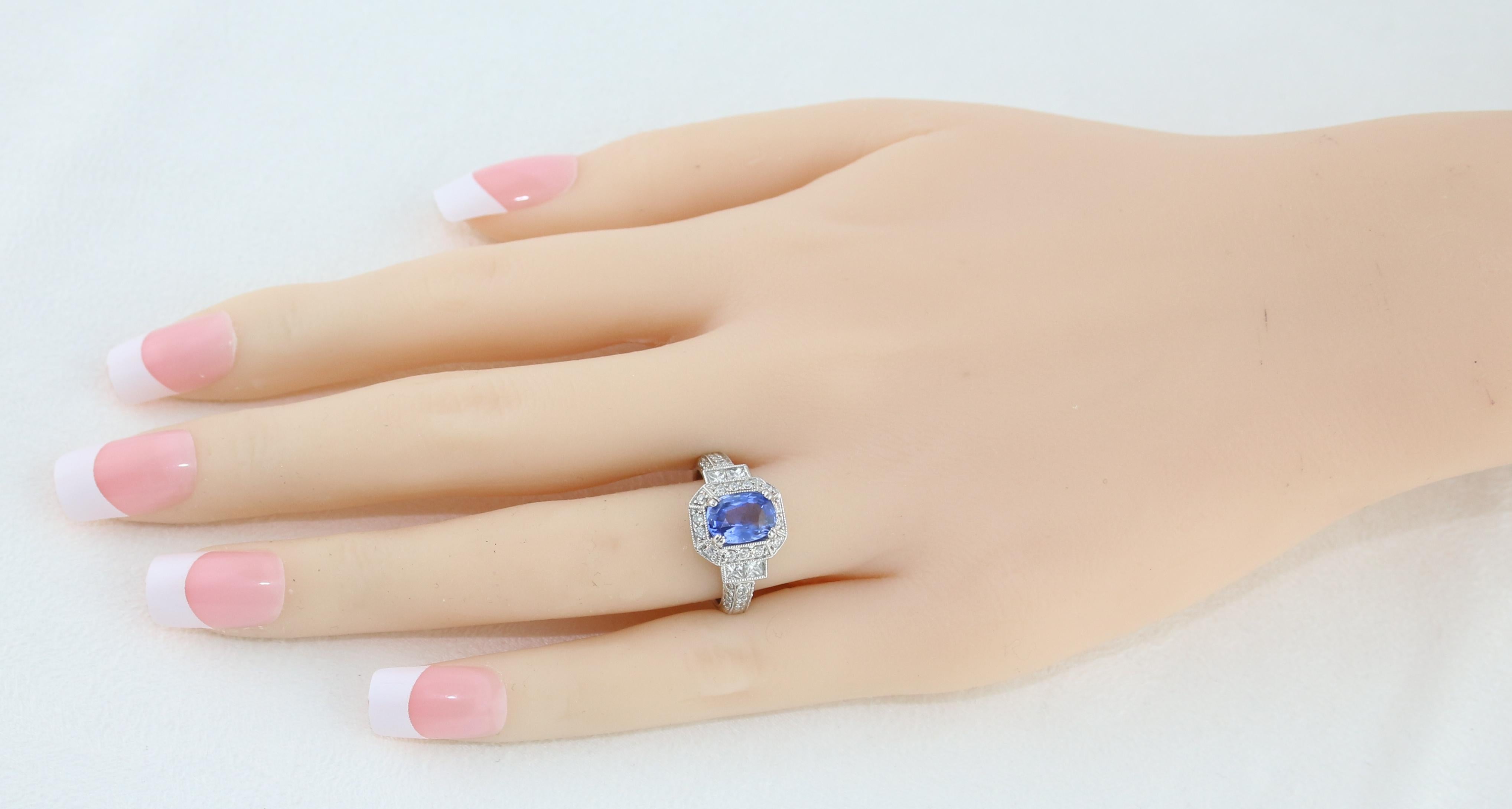 Contemporary 1.74 Carat Blue Sapphire Oval Diamond Gold Milgrain Filigree Ring For Sale