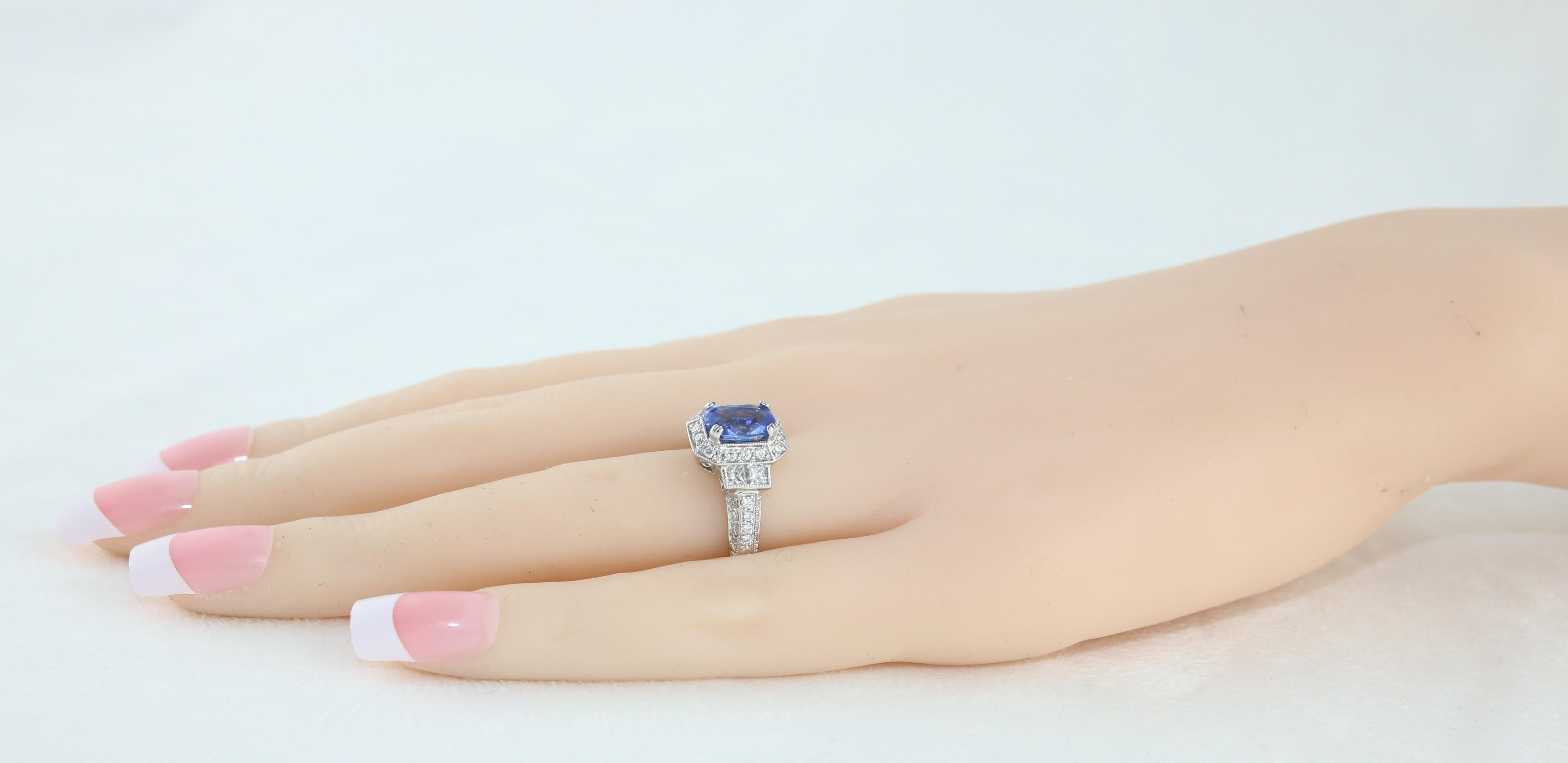 Women's 1.74 Carat Blue Sapphire Oval Diamond Gold Milgrain Filigree Ring For Sale