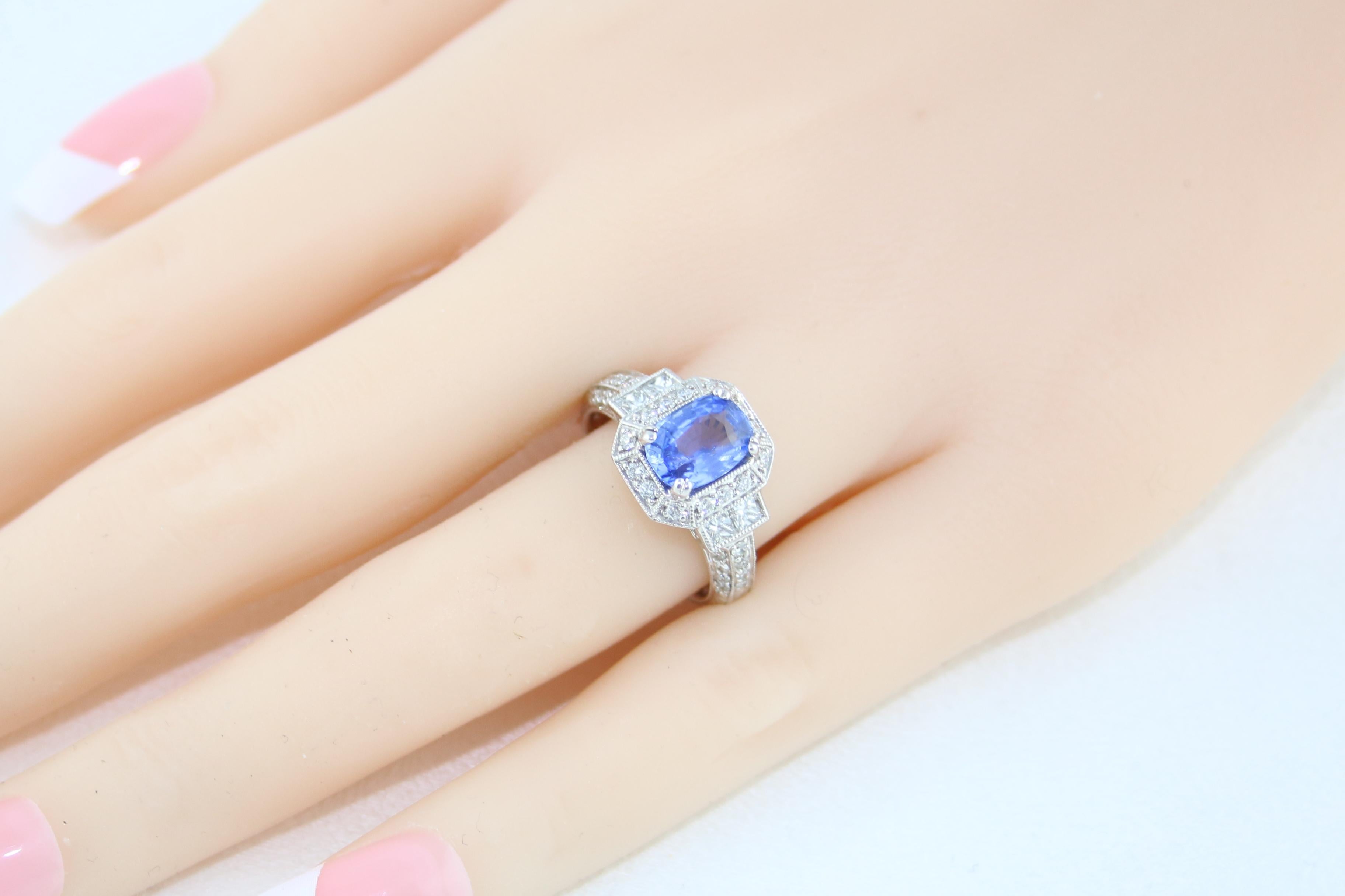 1.74 Carat Blue Sapphire Oval Diamond Gold Milgrain Filigree Ring For Sale 1