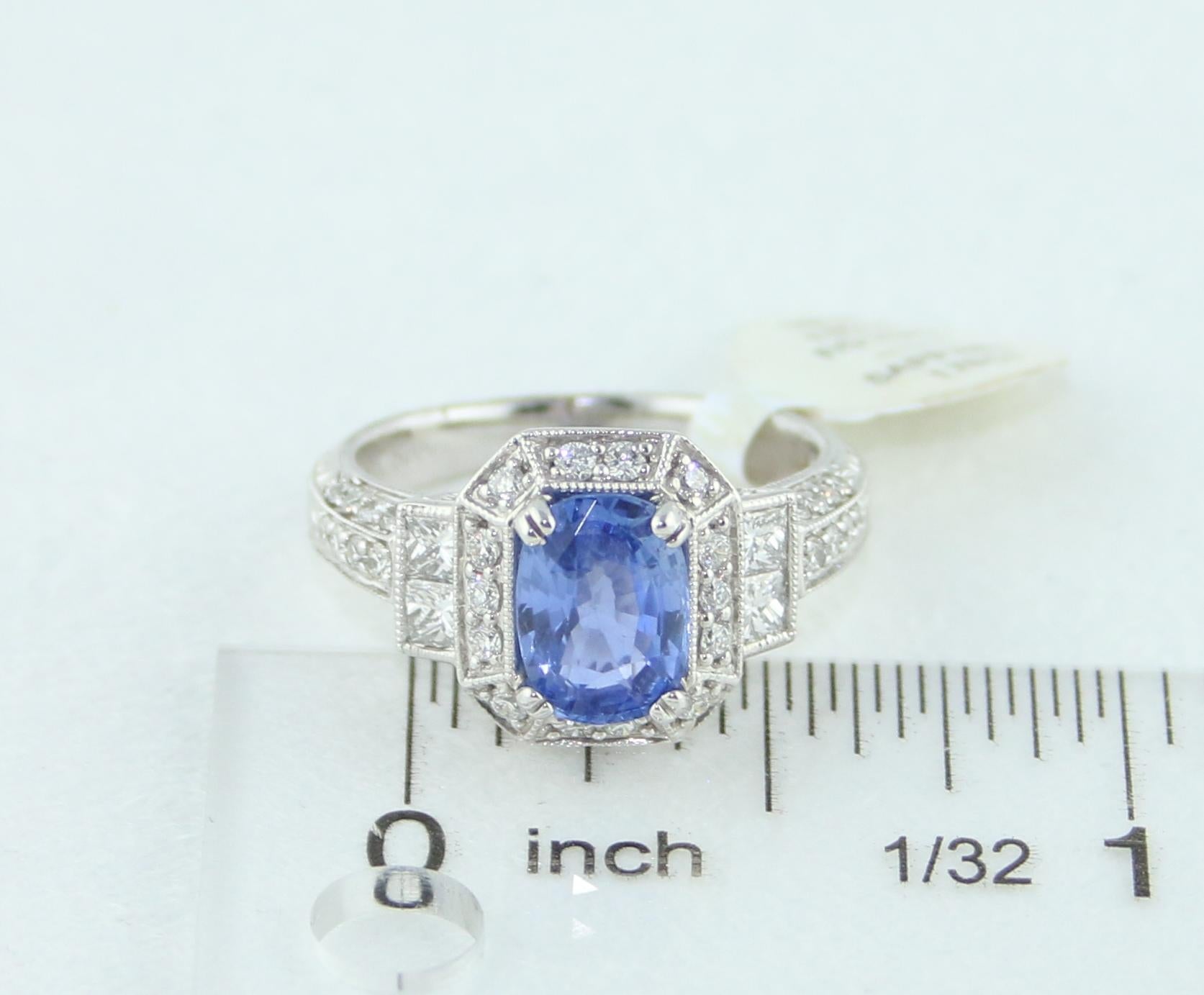 1.74 Carat Blue Sapphire Oval Diamond Gold Milgrain Filigree Ring For Sale 2