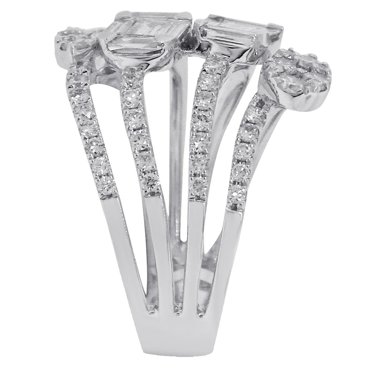 Material: 18k White Gold
Diamond Details: Approximately 1.74ctw round, pear and emerald cut diamonds. Diamonds are H in color and VS/SI1 in clarity.
Ring Size: 6.5 (can be sized)
Total Weight: 8.4g (5.4dwt)
Measurements: 0.75