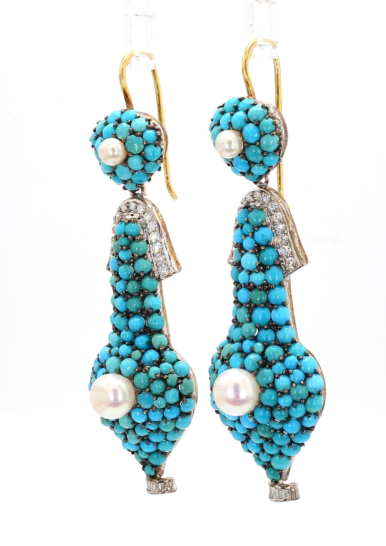 Round Cut 1.74 Carat Diamond, Turquoise, and Pearl Drop Earrings in 18K Gold For Sale