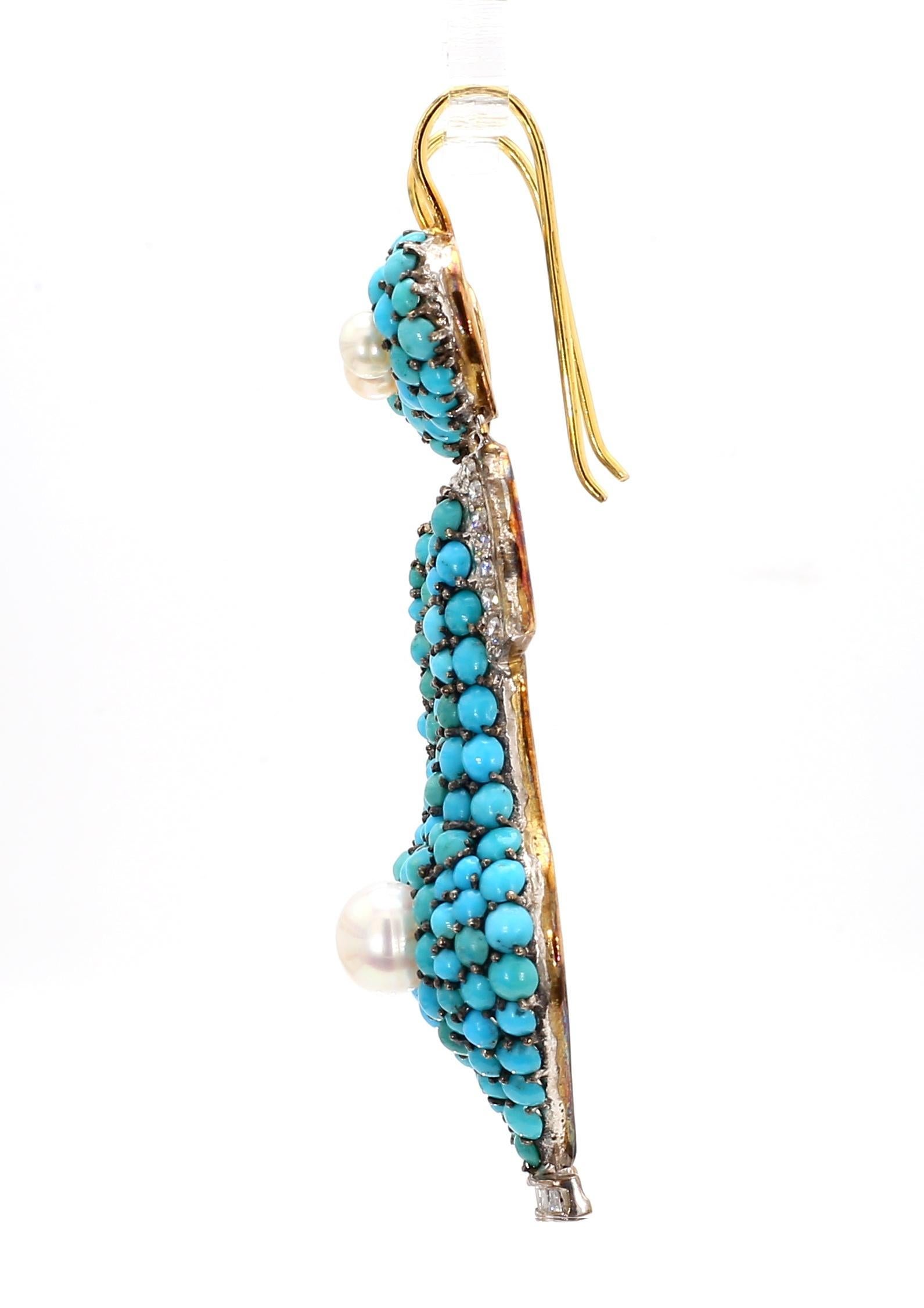 1.74 Carat Diamond, Turquoise, and Pearl Drop Earrings in 18K Gold In Good Condition For Sale In New York, NY