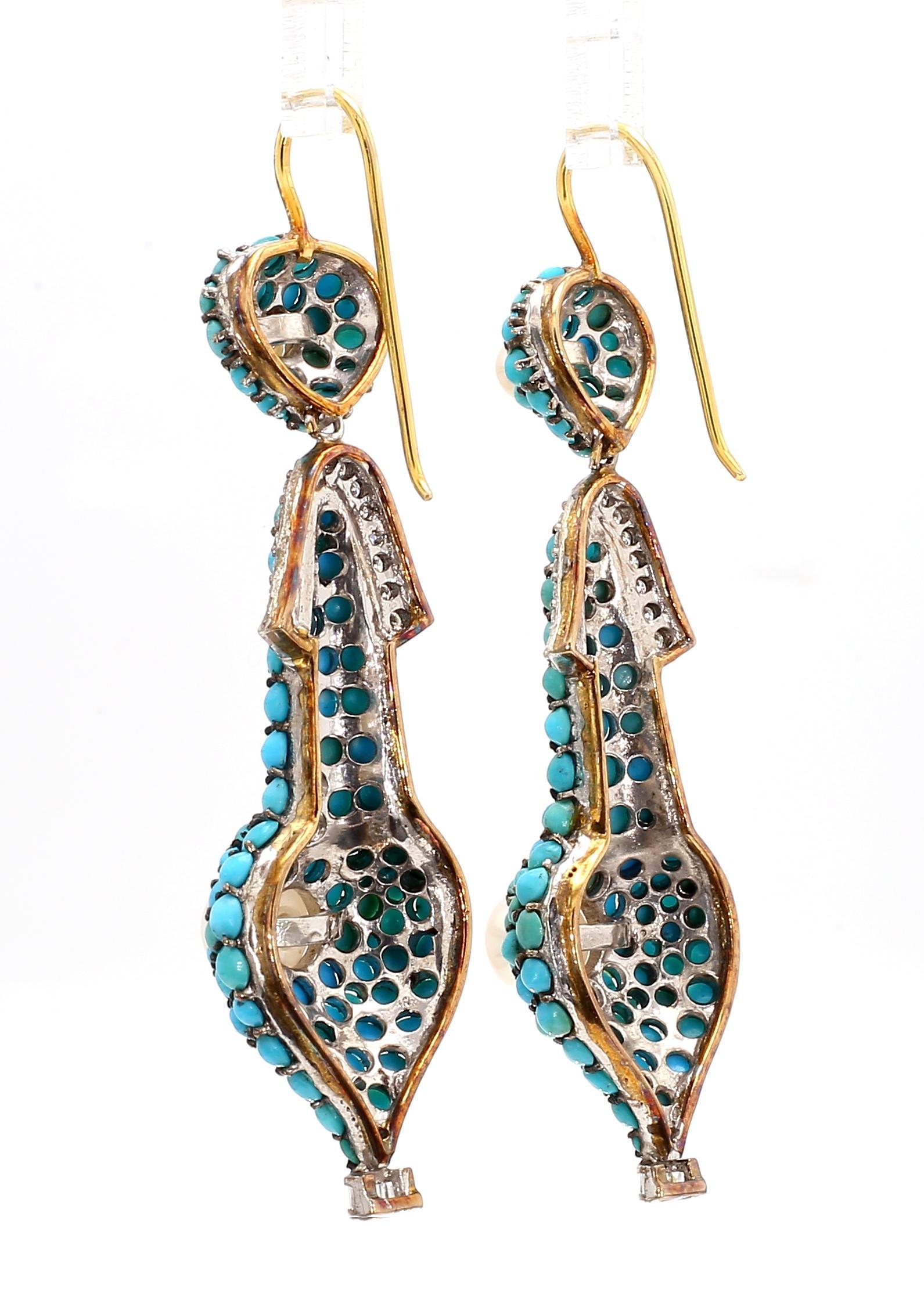 Women's or Men's 1.74 Carat Diamond, Turquoise, and Pearl Drop Earrings in 18K Gold For Sale