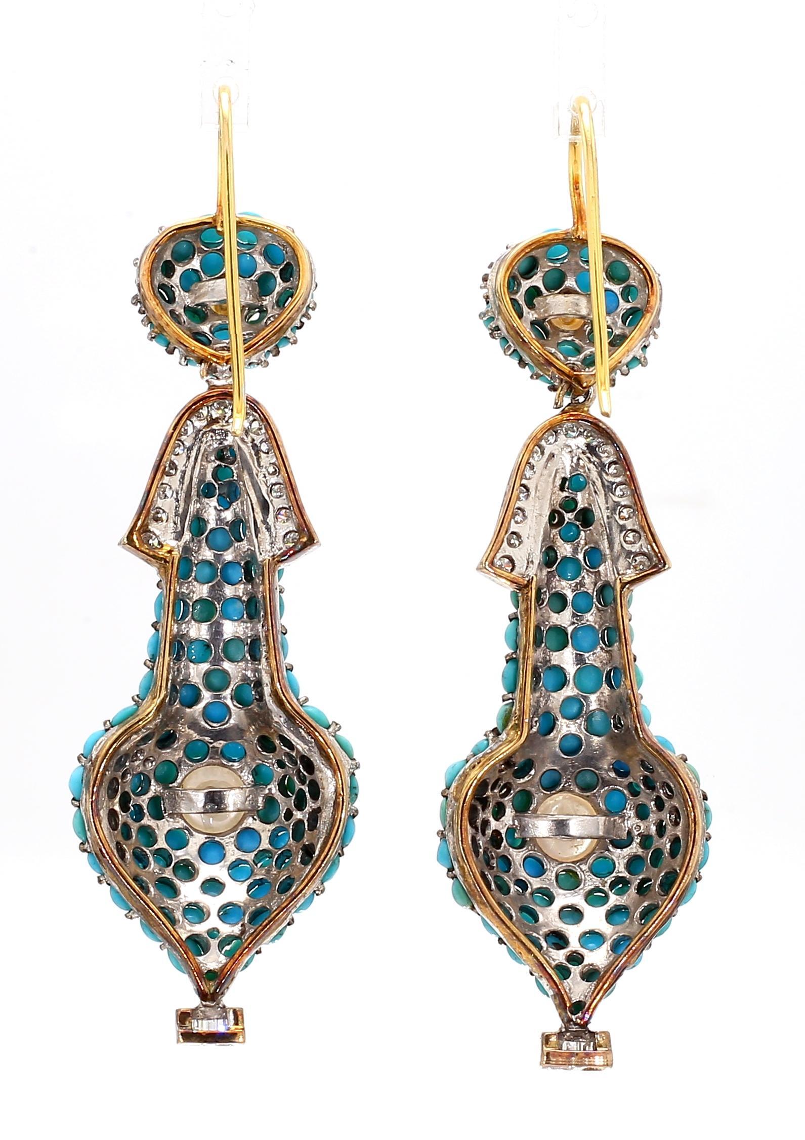 1.74 Carat Diamond, Turquoise, and Pearl Drop Earrings in 18K Gold For Sale 1