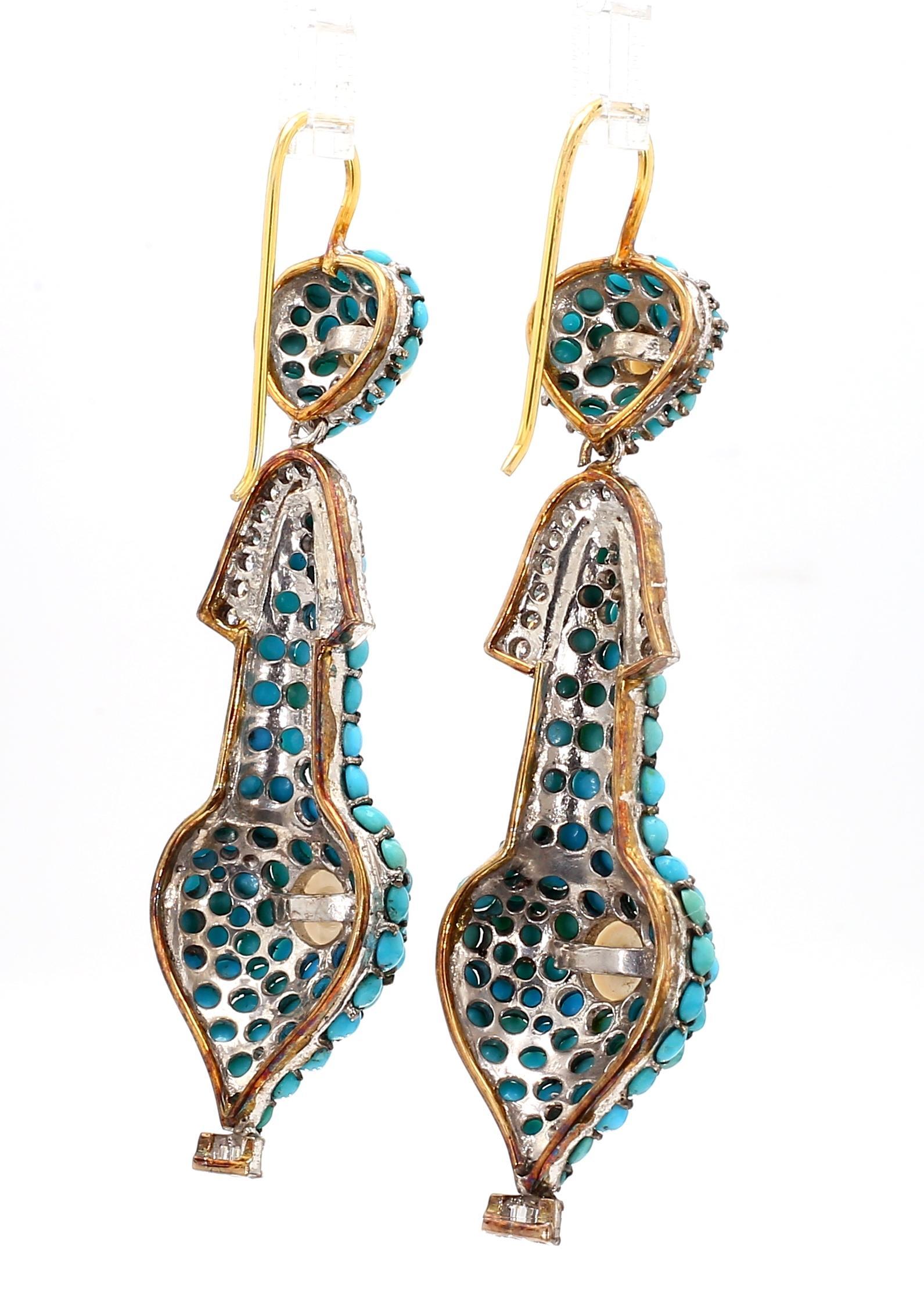 1.74 Carat Diamond, Turquoise, and Pearl Drop Earrings in 18K Gold For Sale 2