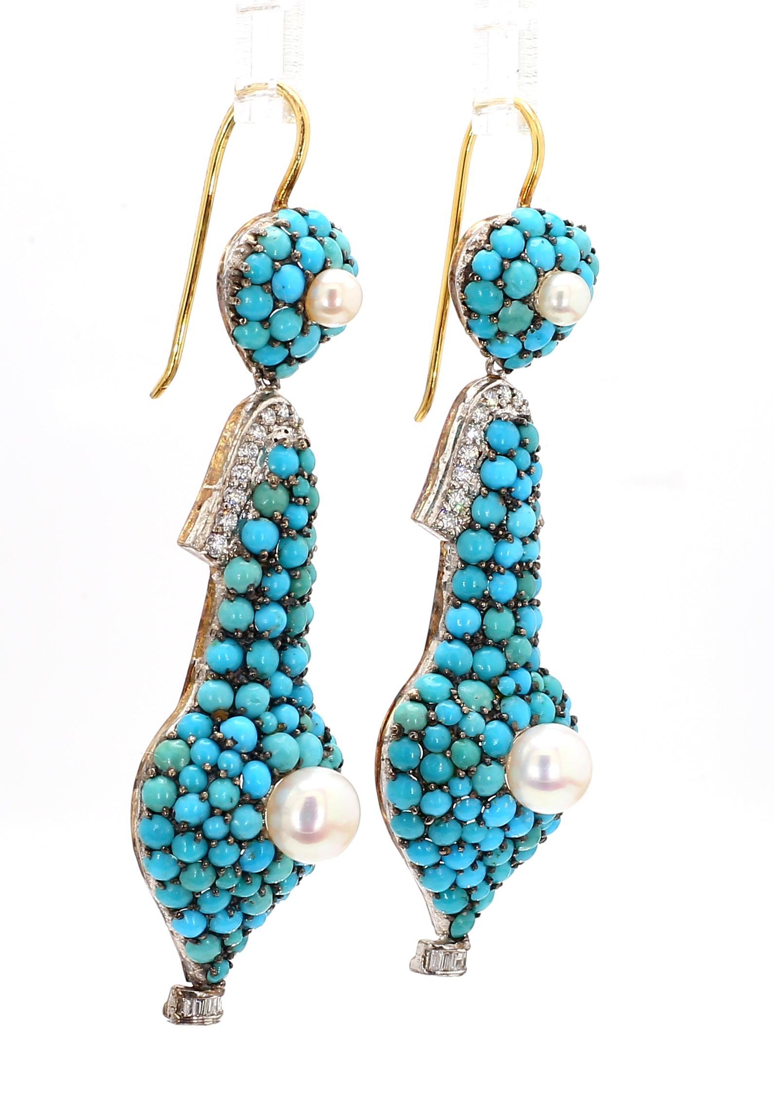 1.74 Carat Diamond, Turquoise, and Pearl Drop Earrings in 18K Gold For Sale 3